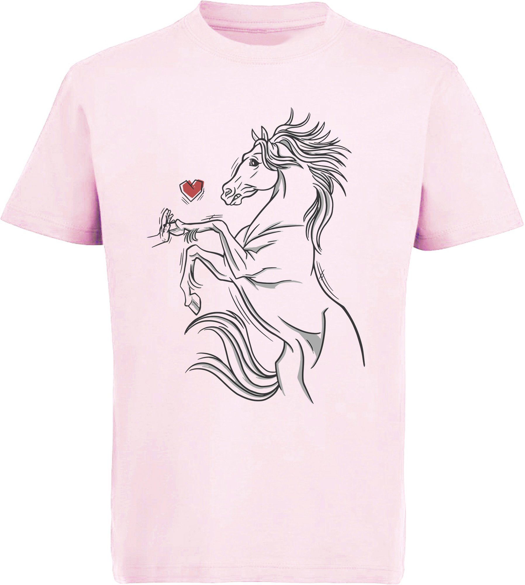 MyDesign24 Print-Shirt bedrucktes Mädchen T-Shirt Baumwollshirt Hand mit i159 Pferd eine rosa Aufdruck, berührt das