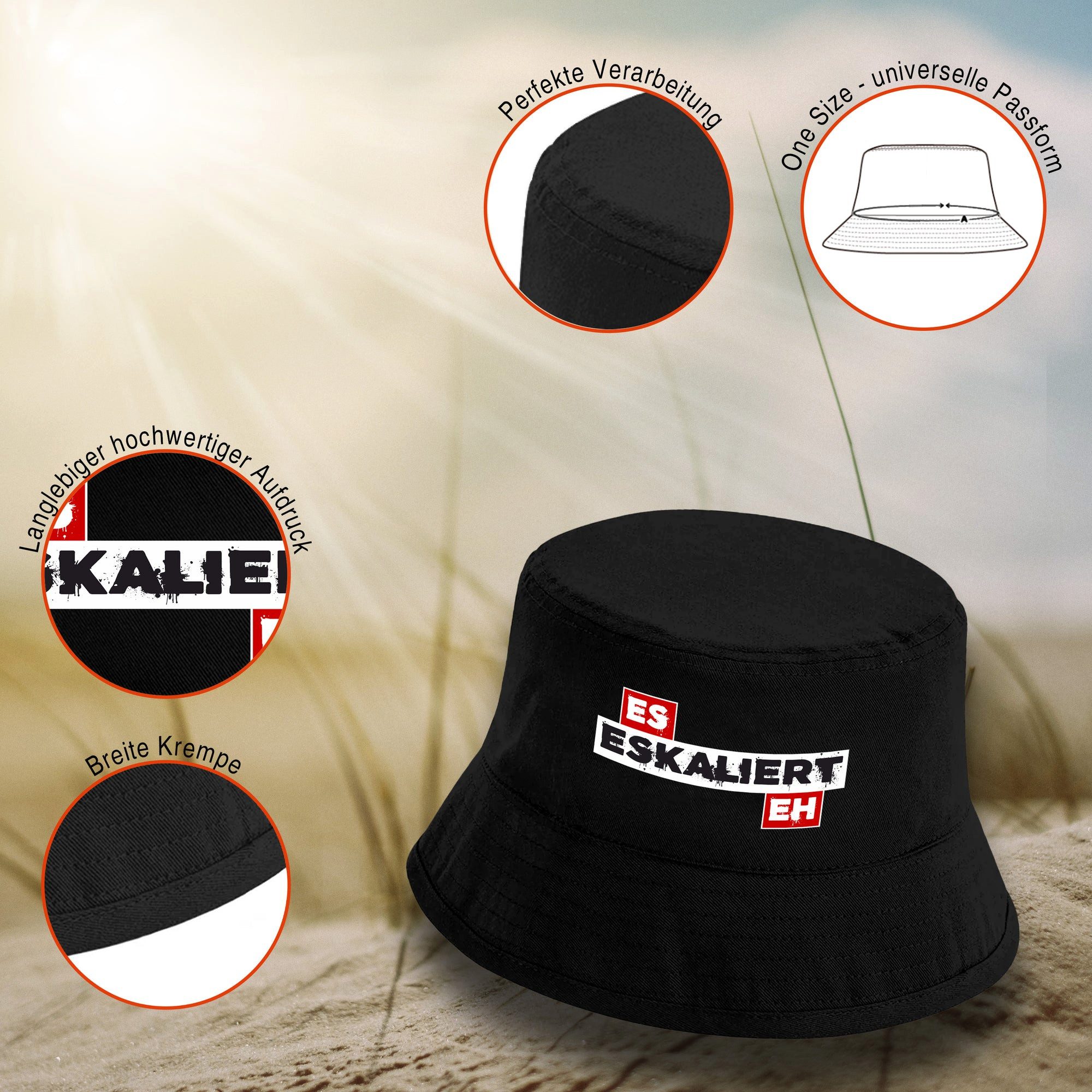 Herzbotschaft Sonnenhut Bucket Hat Es eskaliert eh (Unisex Einheitsgröße, Sommerhut mit Spruch, Festivalhut, Fischerhut) für Damen & Herren