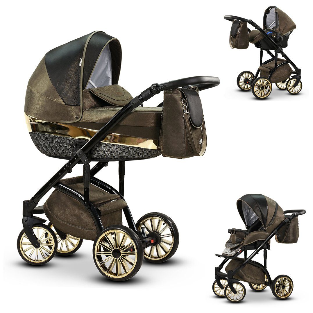babies-on-wheels Kombi-Kinderwagen 3 in 1 Kinderwagen-Set Vip Lux - 12 Teile - in 16 Farben Braun-Dekor-Gold | Kombikinderwagen