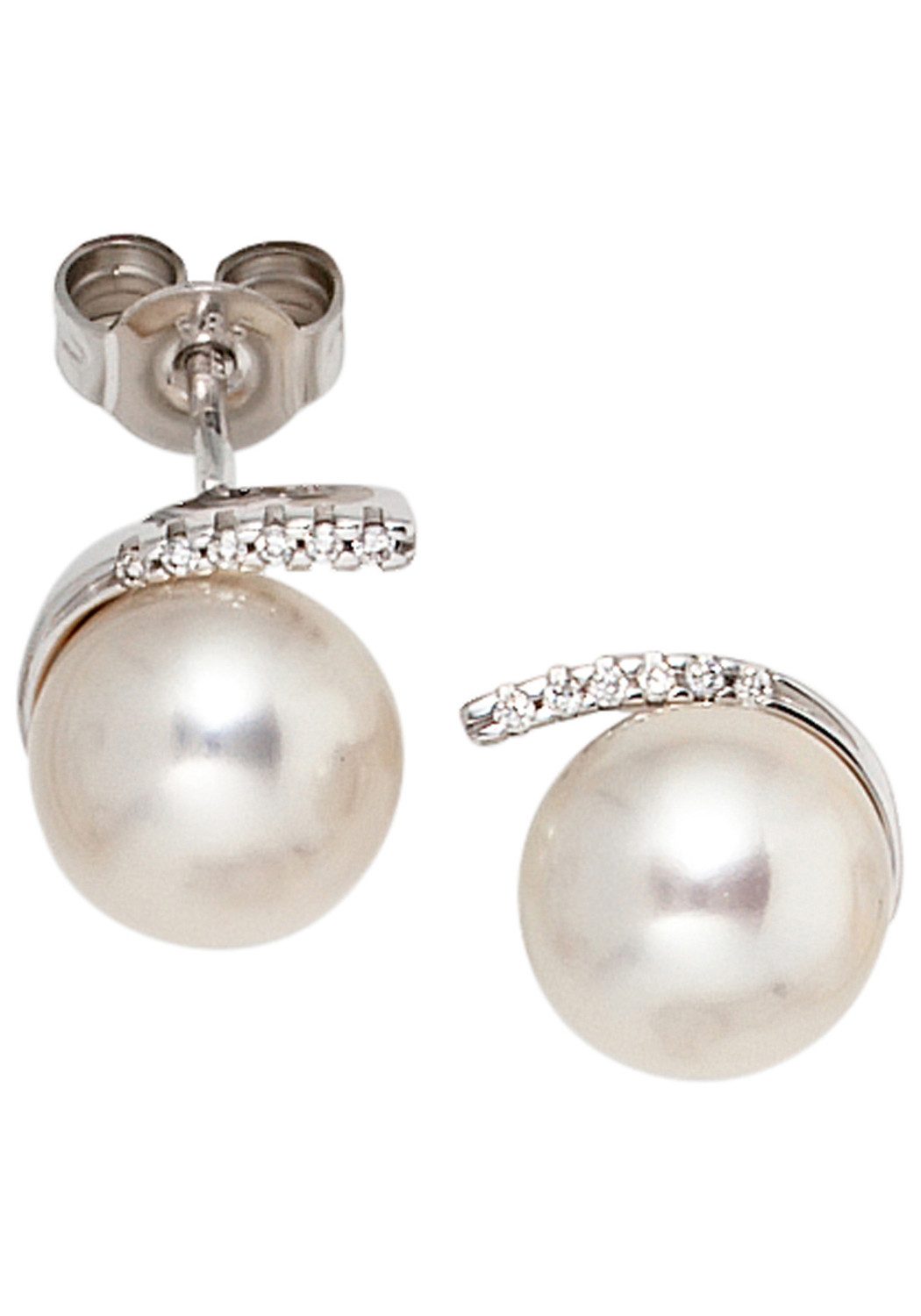 JOBO Perlenohrringe Ohrringe 8 mm, 585 Weißgold mit 2 Perlen und 12 Diamanten