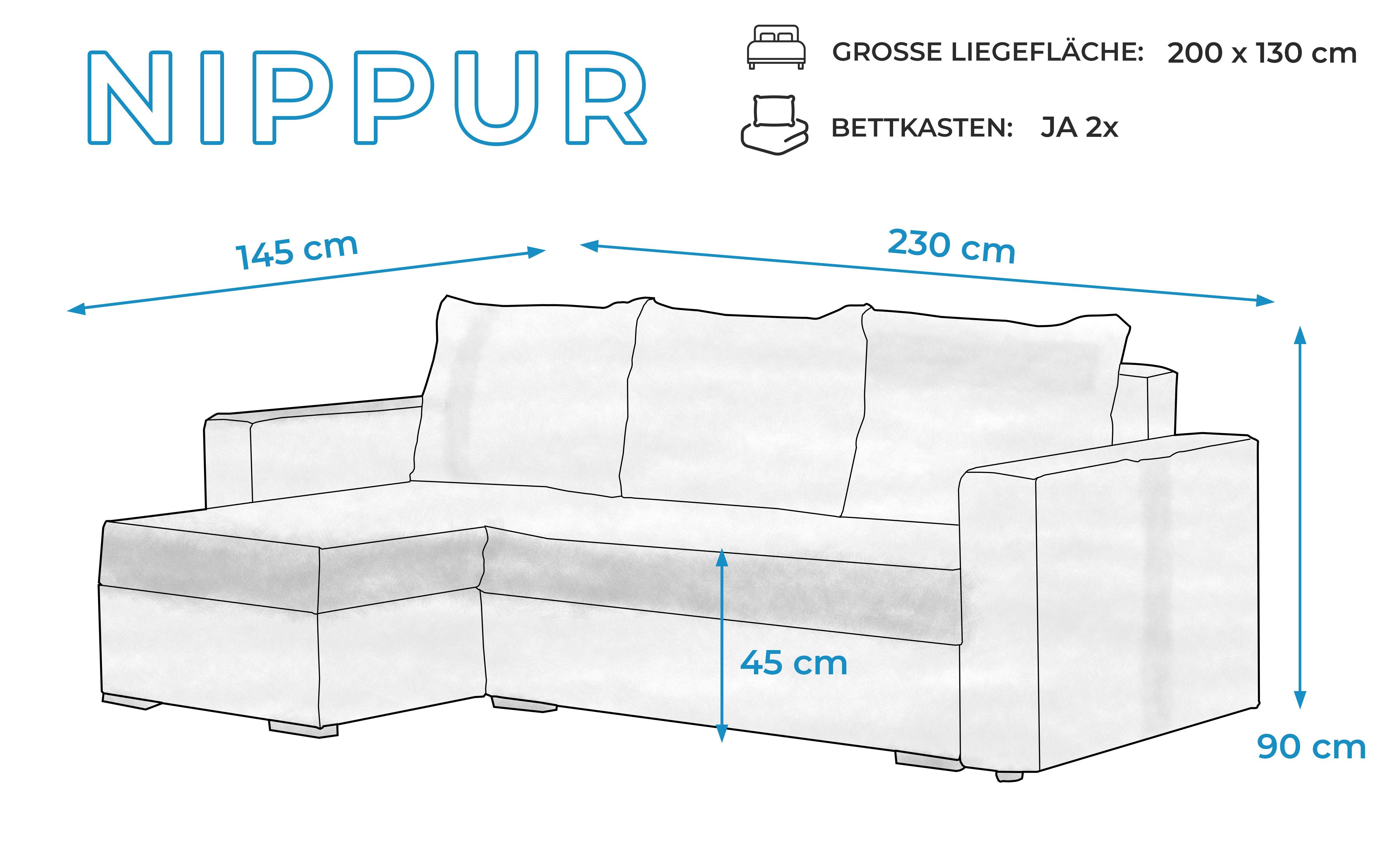mit Sitzhöhe: Polstercouch x Schlafsofa NIPPUR B230 cm, Maße: DL-Ausziehautomatik, H90 Bettkasten, Furnix L-Form Sofa cm Schlaffunktion, 2x x in T145 BH16+SF17 Weiß/Blau 45