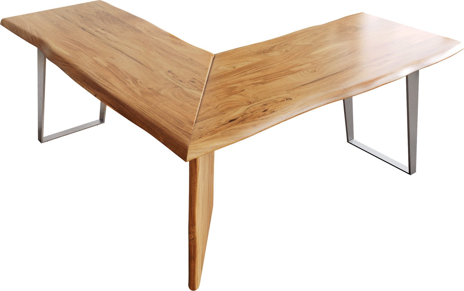 DELIFE Schreibtisch Live-Edge, Akazie Natur 170x170 Gestell Silber Baumkante Schreibtisch