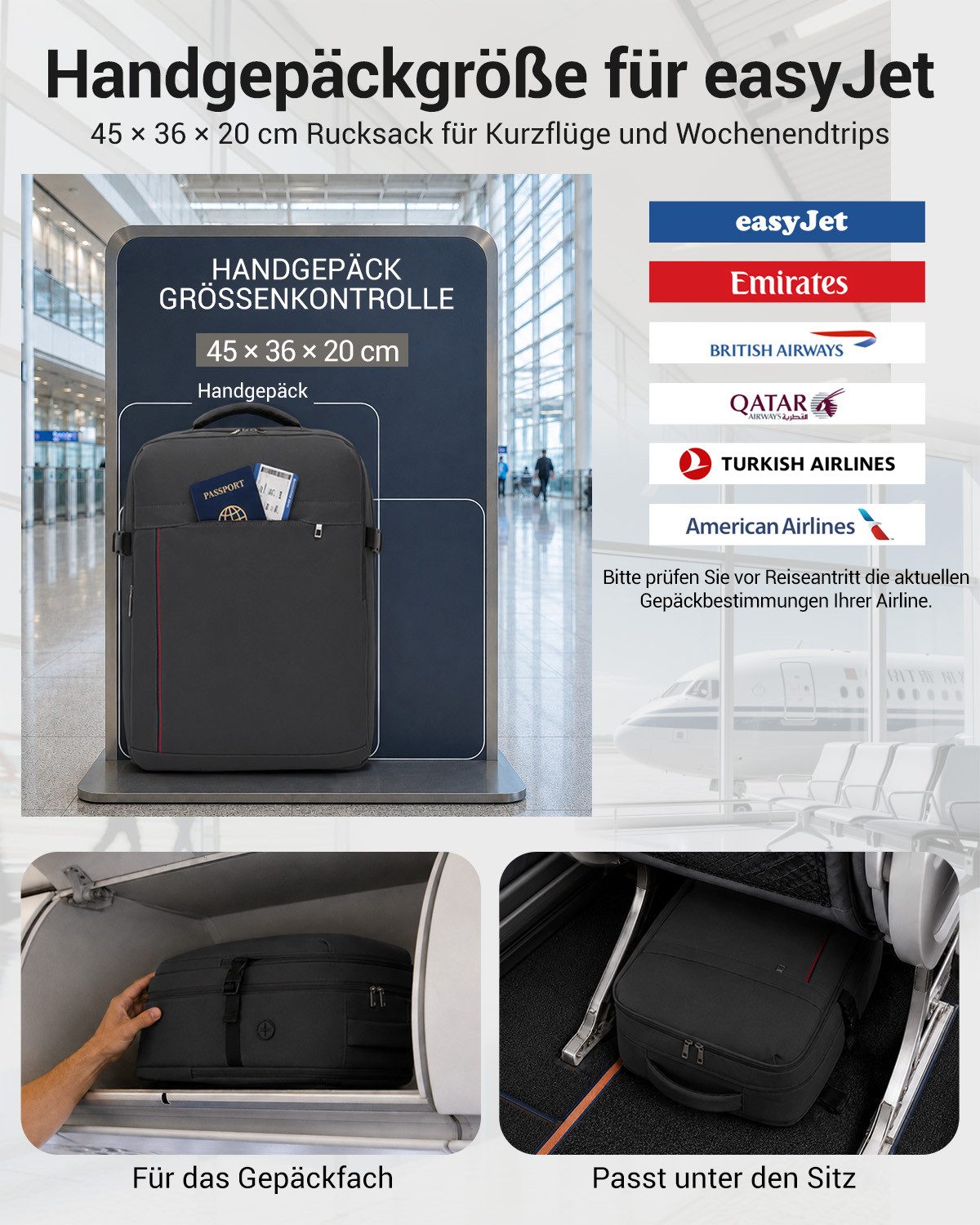 KONO Rucksack Kabinentasche für Ryanair – Handgepäck-Rucksack, 40x30x20 cm, 25 Liter