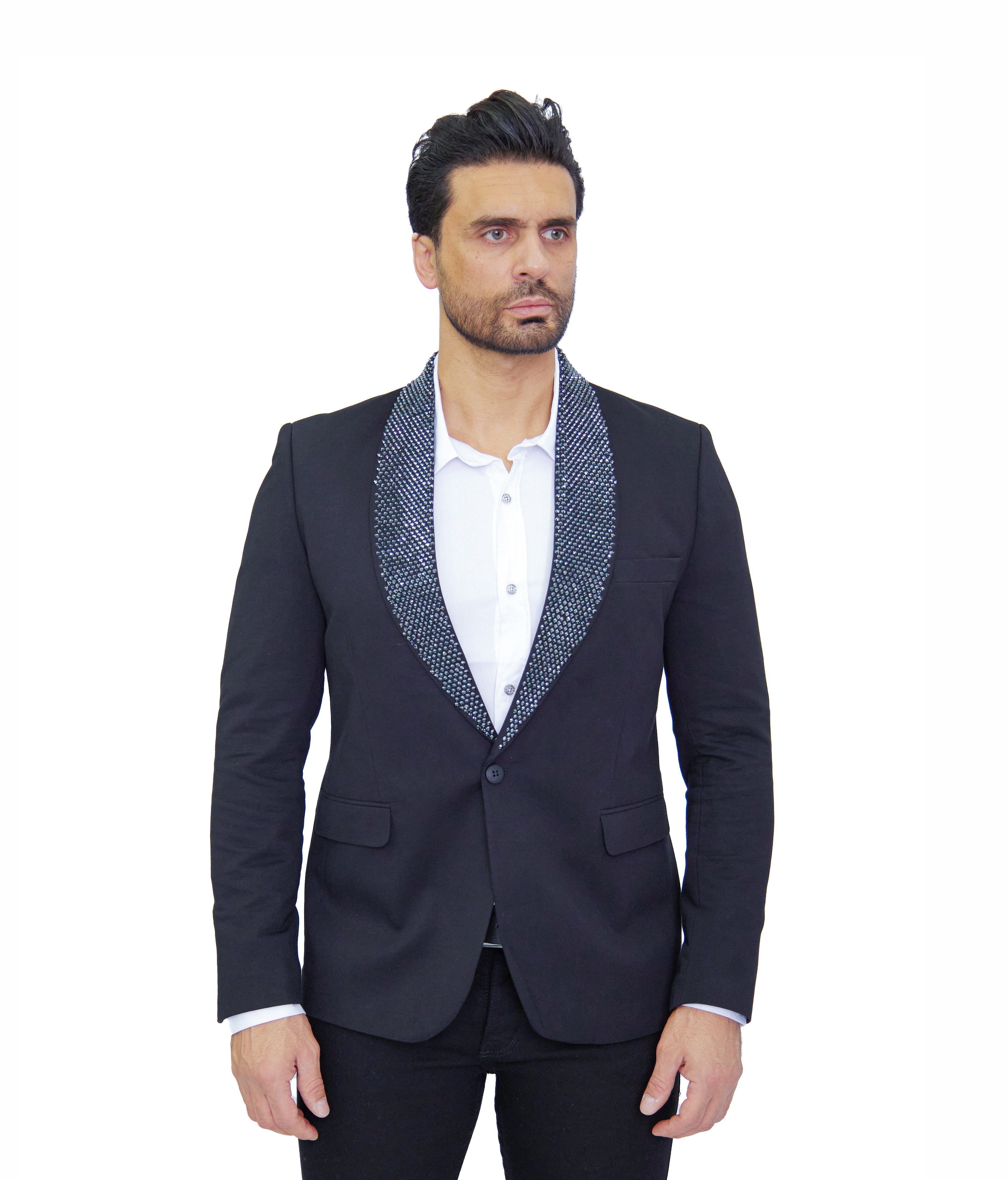 Denim Distriqt Sakko Feines Herren Sakkos mit Strass bestücktem Schalkragen Schwarz 52