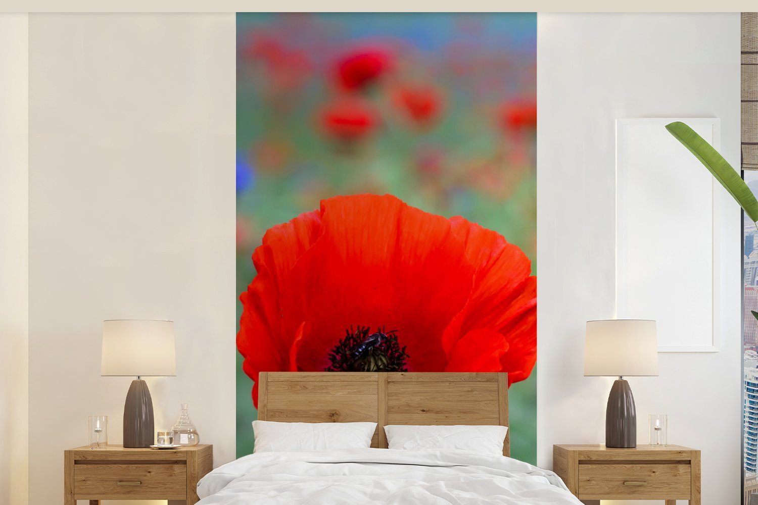 MuchoWow Fototapete Lila und rote Mohnblumen auf einer Wiese, Matt, bedruckt, (2 St), Vliestapete für Wohnzimmer Schlafzimmer Küche, Fototapete