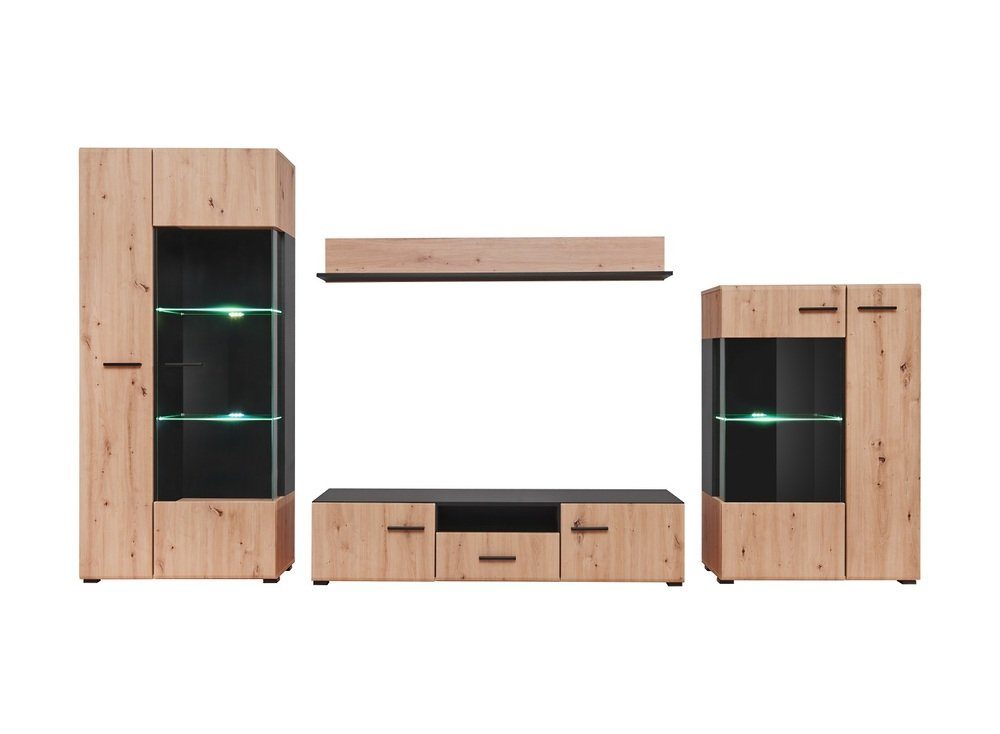 mit Schwarz Set LED-Beleuchtung, Hochglanzfronten Stylefy stellbar (4-St), Glaseinsatz,variabel bestehend Wohnwand (Wohnmöbel, 1xWandboard, Irvine, und hängbar, Wohnzimmer-Set, - 2xStandvitrine, Matt aus inkl. 1xLowboard, Eiche