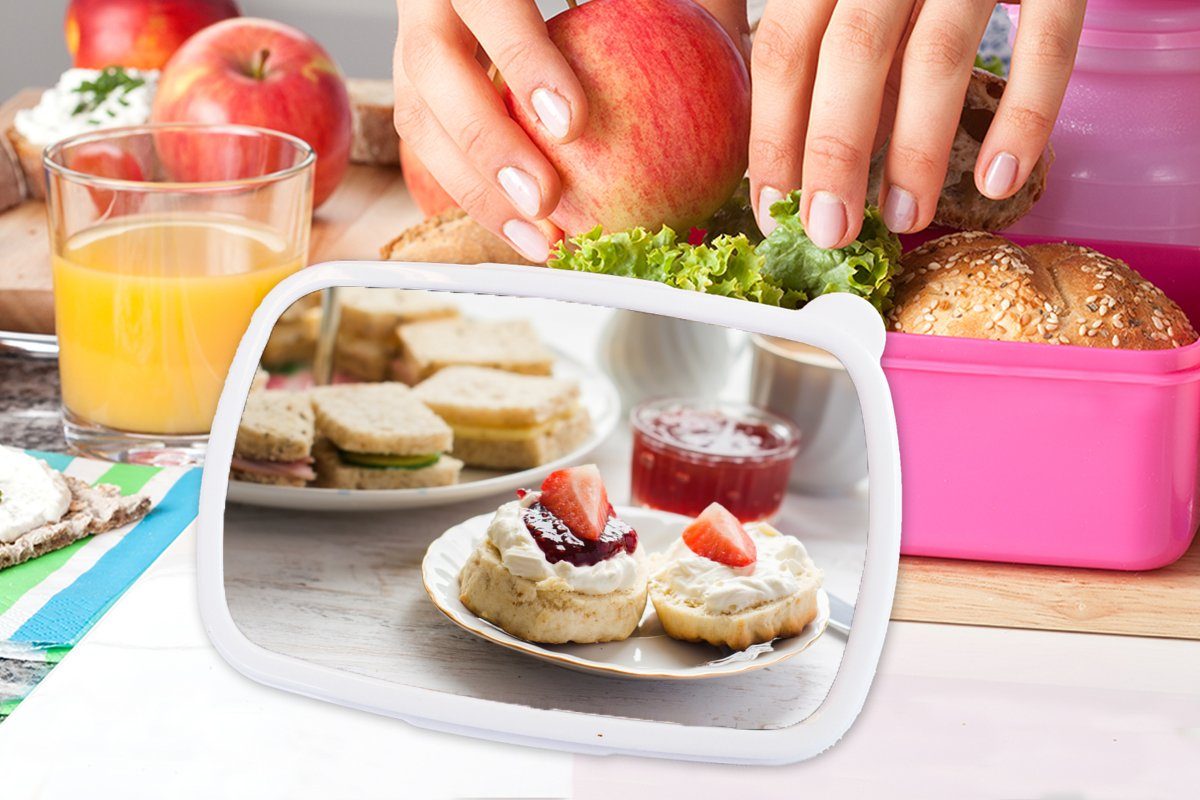Brotbox Brotdose Mädchen, - MuchoWow für Marmelade, - Kunststoff Erdbeere Kunststoff, Snackbox, (2-tlg), Frühstück rosa Erwachsene, Kinder, Lunchbox