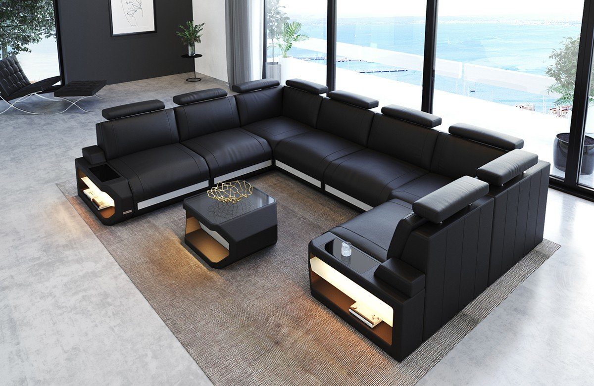 Sofa Dreams Wohnlandschaft Leder Couch Sofa Siena U Form Ledersofa, U-Form Ledersofa Wohnlandschaft mit LED-Beleuchtung und USB