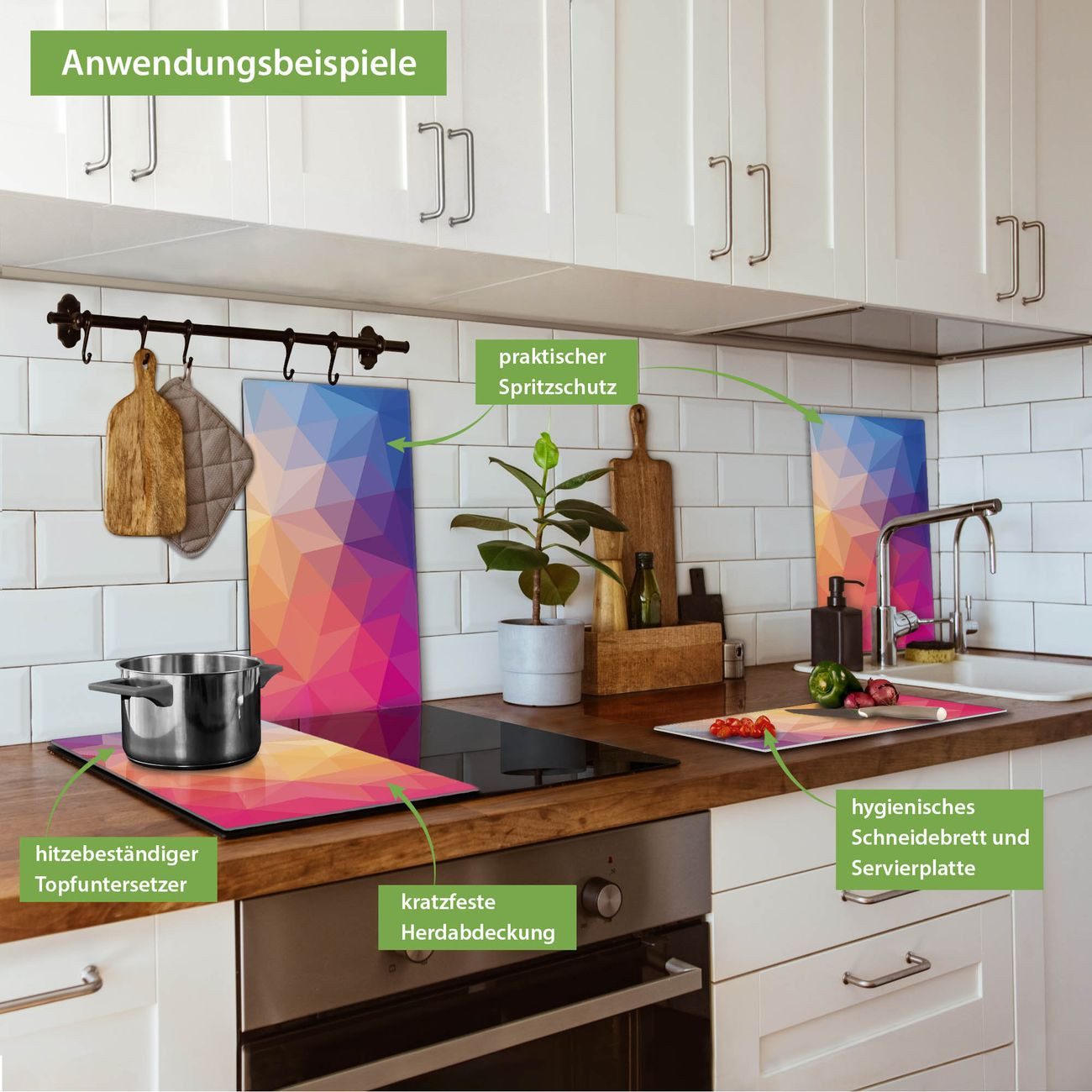 banjado Herd-Abdeckplatte zweiteilig aus Glas mit Motiv Bunte Kristalle, (gehärtet, 2 tlg., inkl. selbstklebende Gummifüßchen)