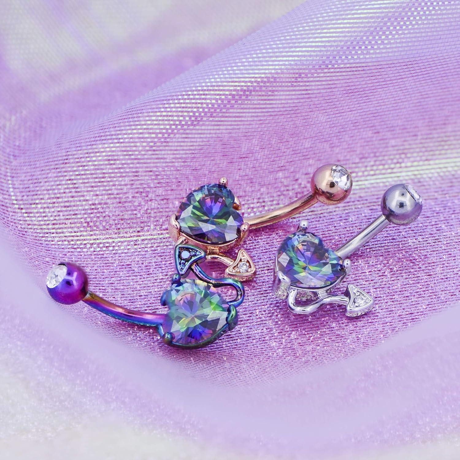 OUFER Bauchnabelpiercing 14G Edelstahl Navel Rings Devil Heart Belly Button Iridescent CZ