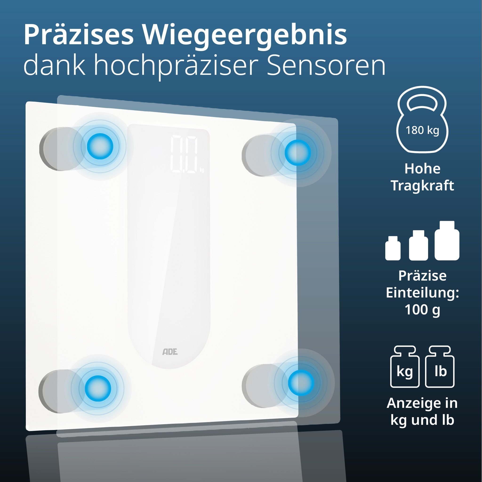 ADE Personenwaage Digitale Körperwaage, rutschfeste Oberfläche, mit Sicherheitsglas, Magic-LED-Display & Tragkraft von 180kg, schwarz