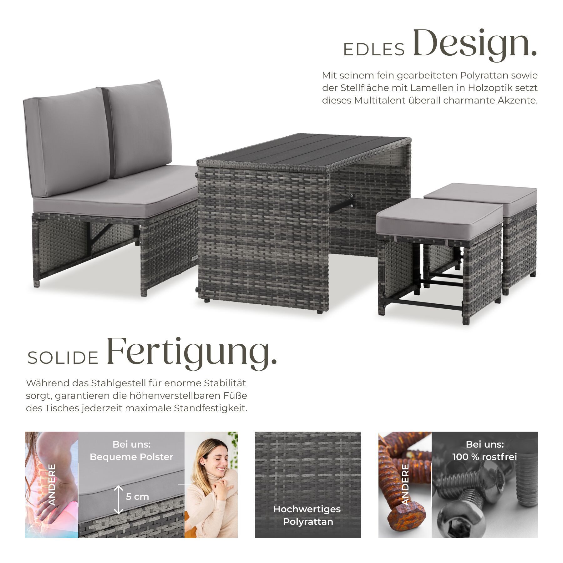 tectake Sitzgruppe 2-in-1-Rattanlounge-Set, höhenverstellbare Tischfüße, (Rattansitzmöbel Monopoli, 3-tlg., Holzoptik in grau), Tisch mit Lamellen, Belastbarkeit Bank 250 kg, Tisch 100 kg