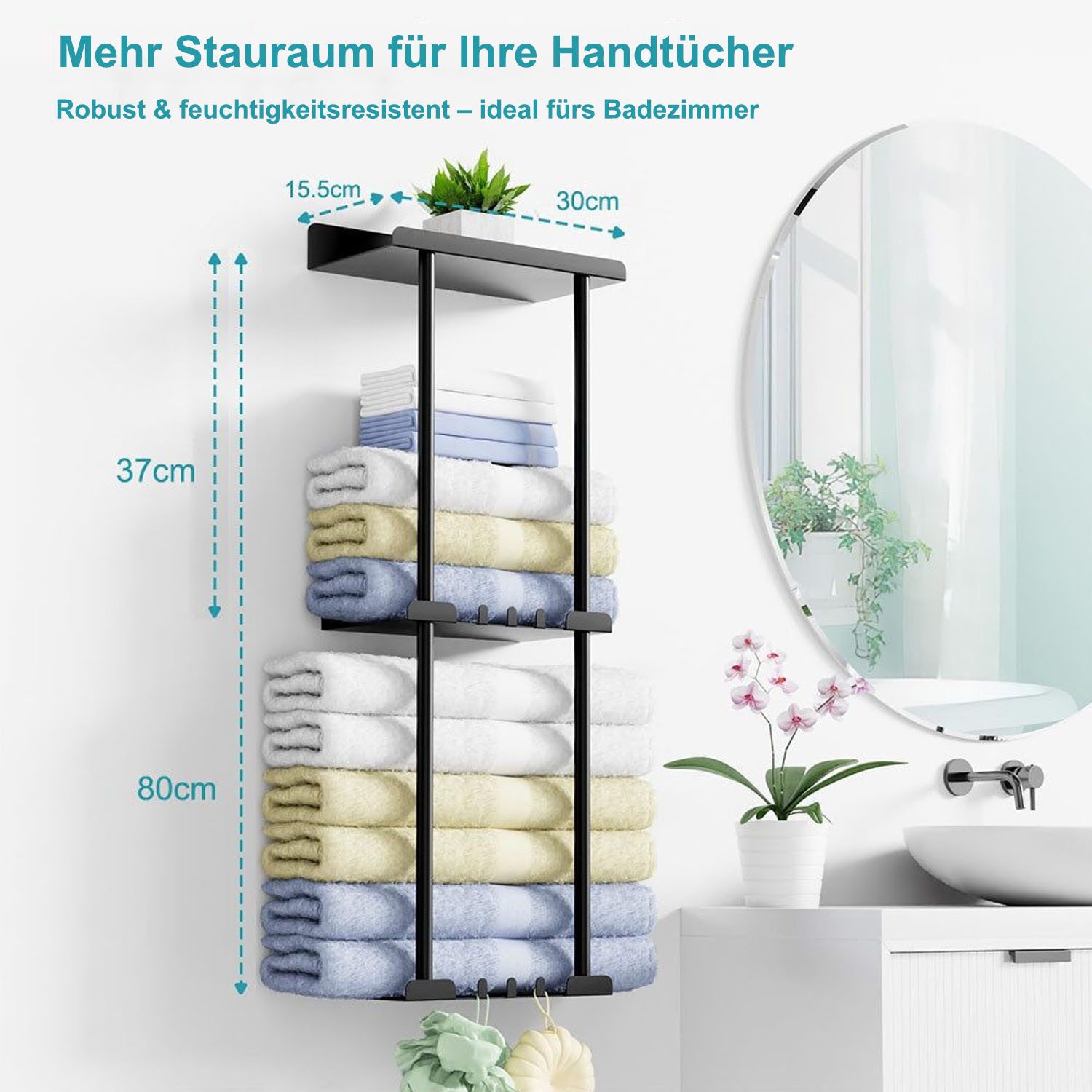 Refined Living Handtuchhalter Wand Handtuchhalter, Bad Handtuchregal, Ohne Bohren, mit Leitplanke, Bath Towel Holder, mit 6 Handtuchhaken, für Badezimmer Küche – Bild 5 von 5