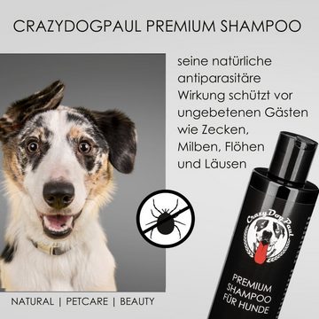 CrazyDogPaul Tiershampoo PREMIUM Shampoo incl. Schutz vor Parasiten für Hunde, 250 ml, (mit wertvollen Olivenöl, für gesunde Haut, glänzendes Fell), Schutz vor Zecken, Flöhen, Milben, Läusen, gegen Juckreiz