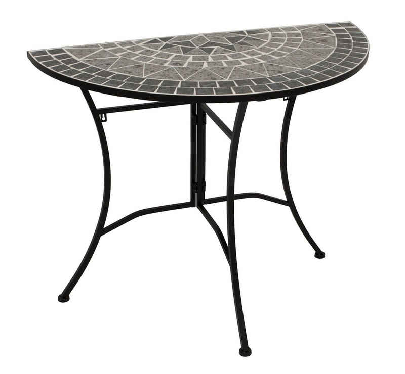 DEGAMO Gartentisch SIENA (1-St), Wandtisch halbrund 45x90cm, Eisen schwarz, Platte Mosaik grau/weiss