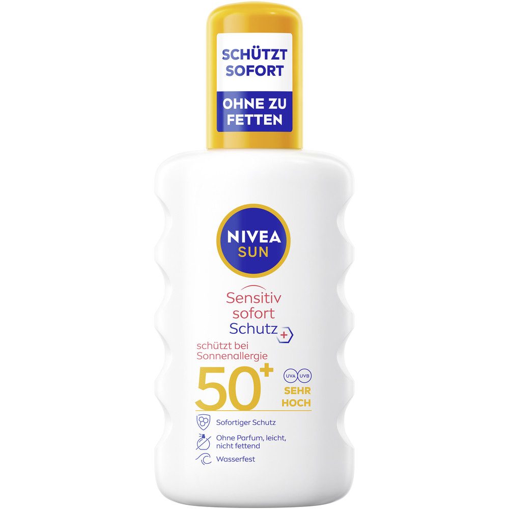 Nivea Sun Sonnenschutzspray Sensitiv Spray LSF50+ mit Kids To Go Größe Gratis, 2-tlg., Sensitiv Spray LSF50+ mit Kids To Go Größe Gratis, Spray-Textur, feuchtigkeitsspendende Formel, klebefrei, wasserfest