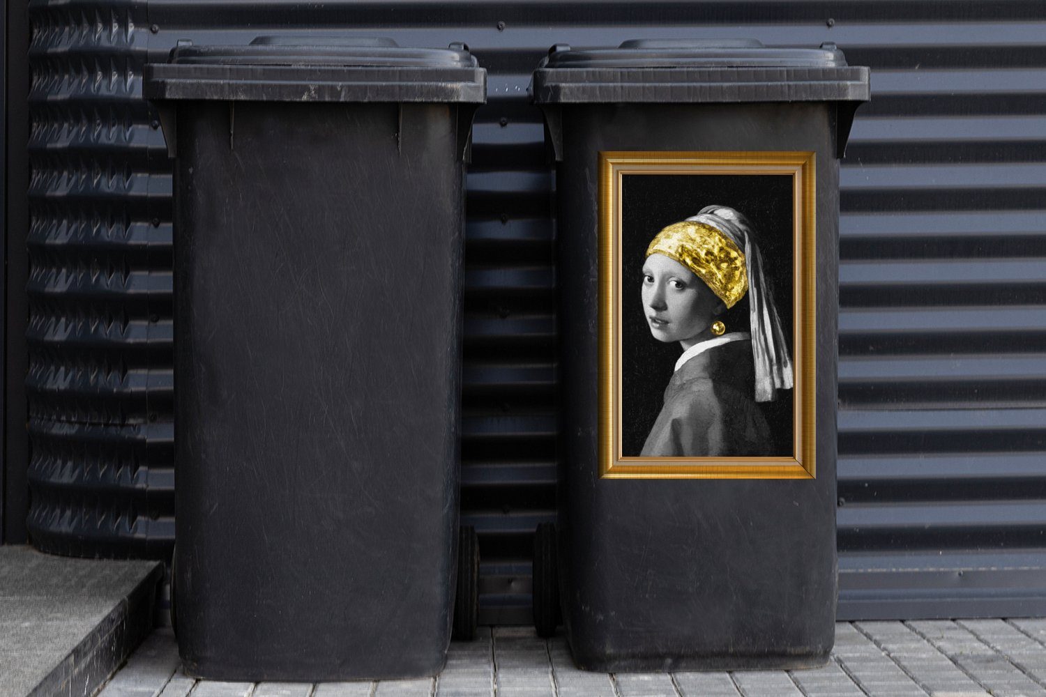 Mädchen St), Rahmen Gold Abfalbehälter mit - Perlenohrring Wandsticker - Container, MuchoWow Sticker, Vermeer Mülleimer-aufkleber, (1 Mülltonne, -