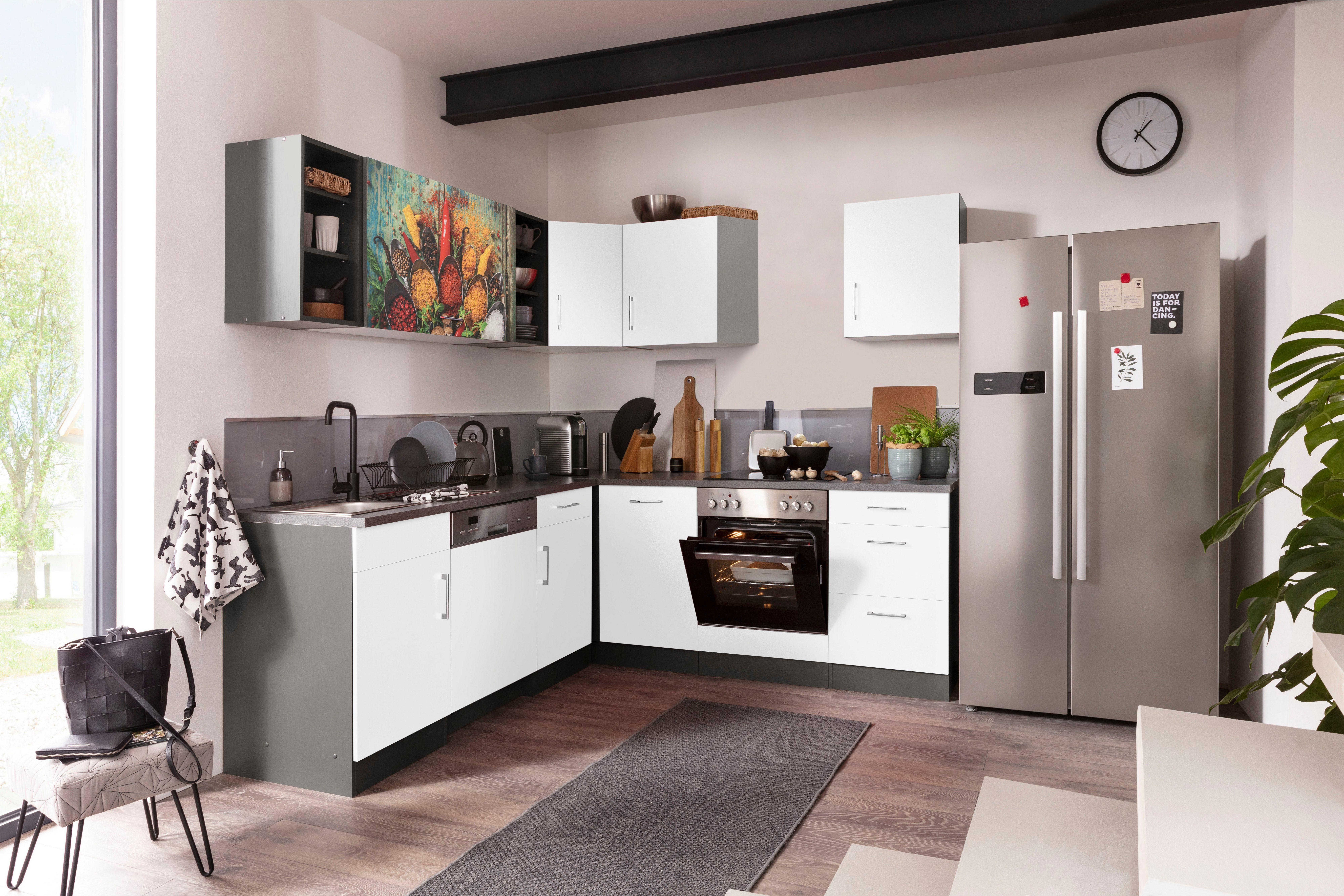 KOCHSTATION Küchenzeile KS-Paris – Küchen mit einzigartigen Fotomotiven auf den Fronten, Stellbreite 220/220 cm, wahlweise mit E-Geräten, mit Motivdruck