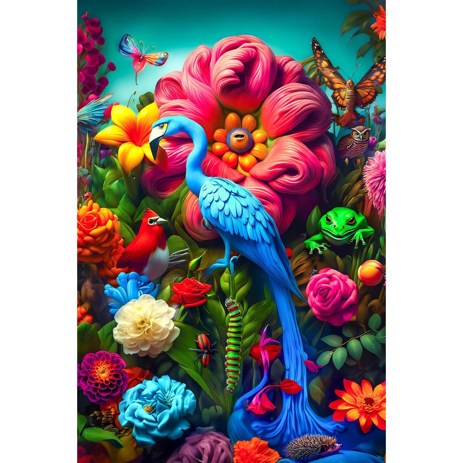 queence Acrylglasbild Plastischer Garten Eden - Katharina Kolenda, Blumen, Blumenbilder, Fantasy, Mann, Tiere, Vogelbilder, Vögel (1 St), Kunst, knallige Farben, bunt