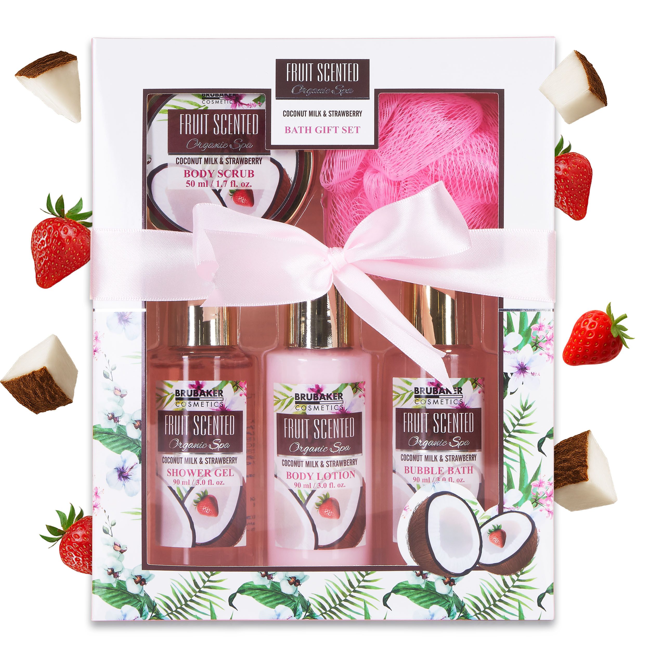 BRUBAKER Pflege-Geschenkset Badeset mit Erdbeeren & Kokosnuss Duft, Beauty Geschenkset, 5-tlg., Frauen Geschenk Set in Sichtfensterbox, Beauty Pflegeset für Damen