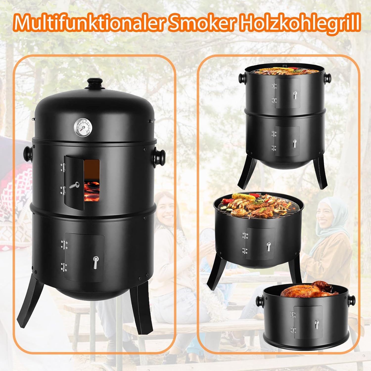 TLGREEN Smoker Räucherofen, 3 in 1 Smoker Grill, Holzkohlegrill, Räuchertonne Räuchergrill Watersmoker, Ø44,5x80 cm