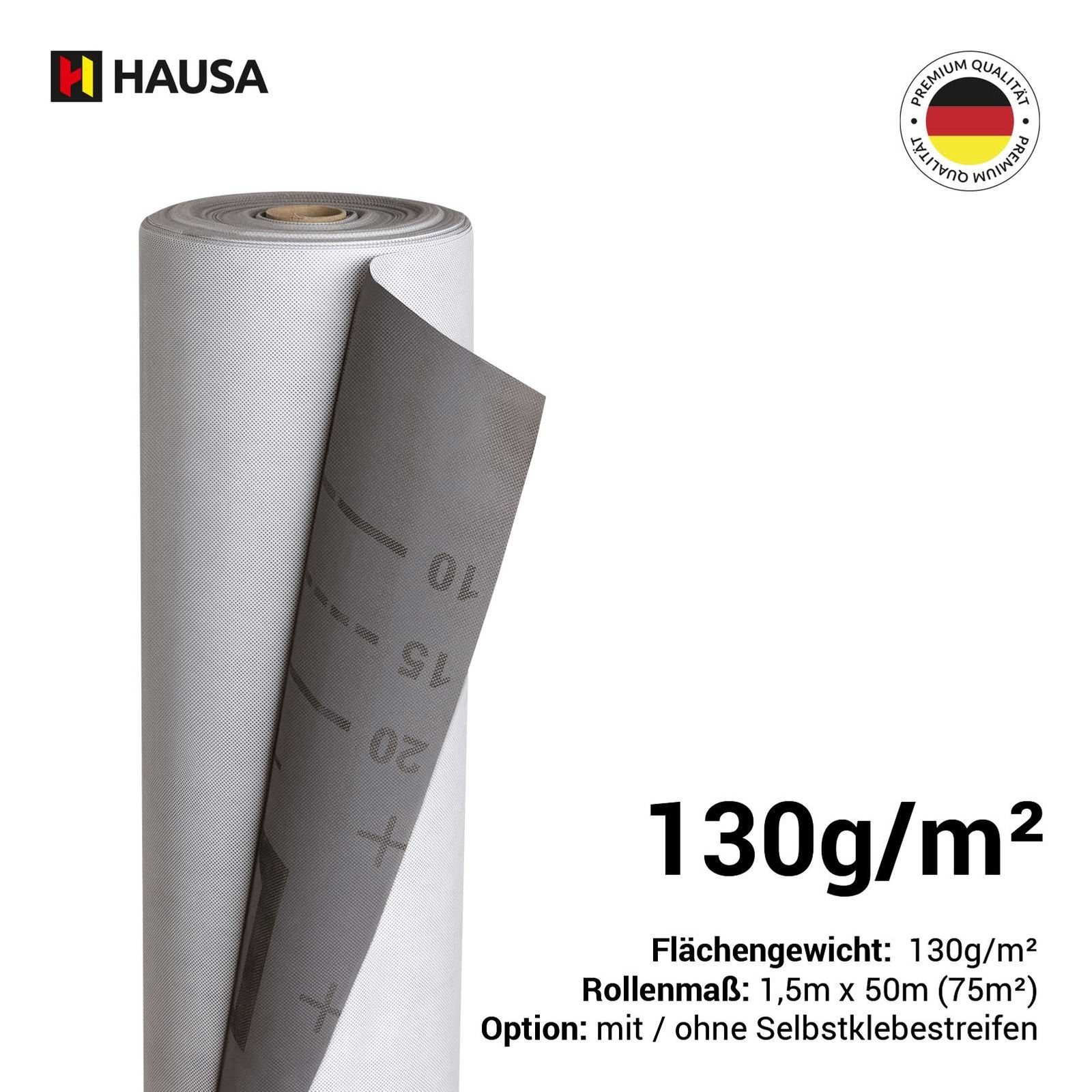 Hausa Dachbahn Unterspannbahn HU130, Mit 2 Selbstklebestreifen, 675 m² pro Paket, (130g/m², 9-St., 9 x 1,5m x 50m), flexible dreilagige hochdiffusionsoffene Unterdeckbahn