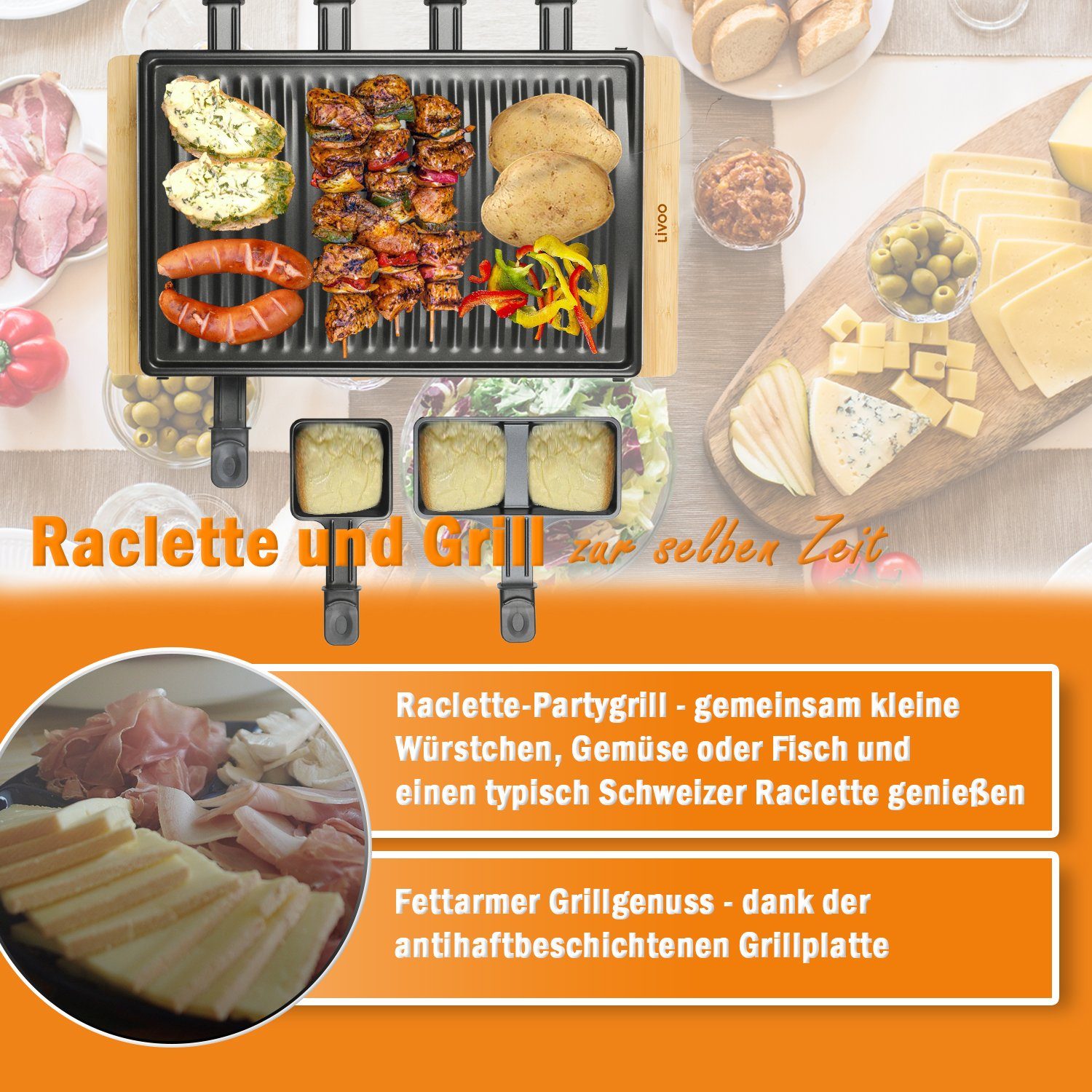LIVOO Raclette LIVOO Raclette Raclettegrill W, Personen W Bambus 1200 1200,00 8 Raclettepfännchen, Holzspatel, Thermostat, Anti-Rutsch-Füße, für Grill DOC257, 8 8 Grillplatte abnehmbare