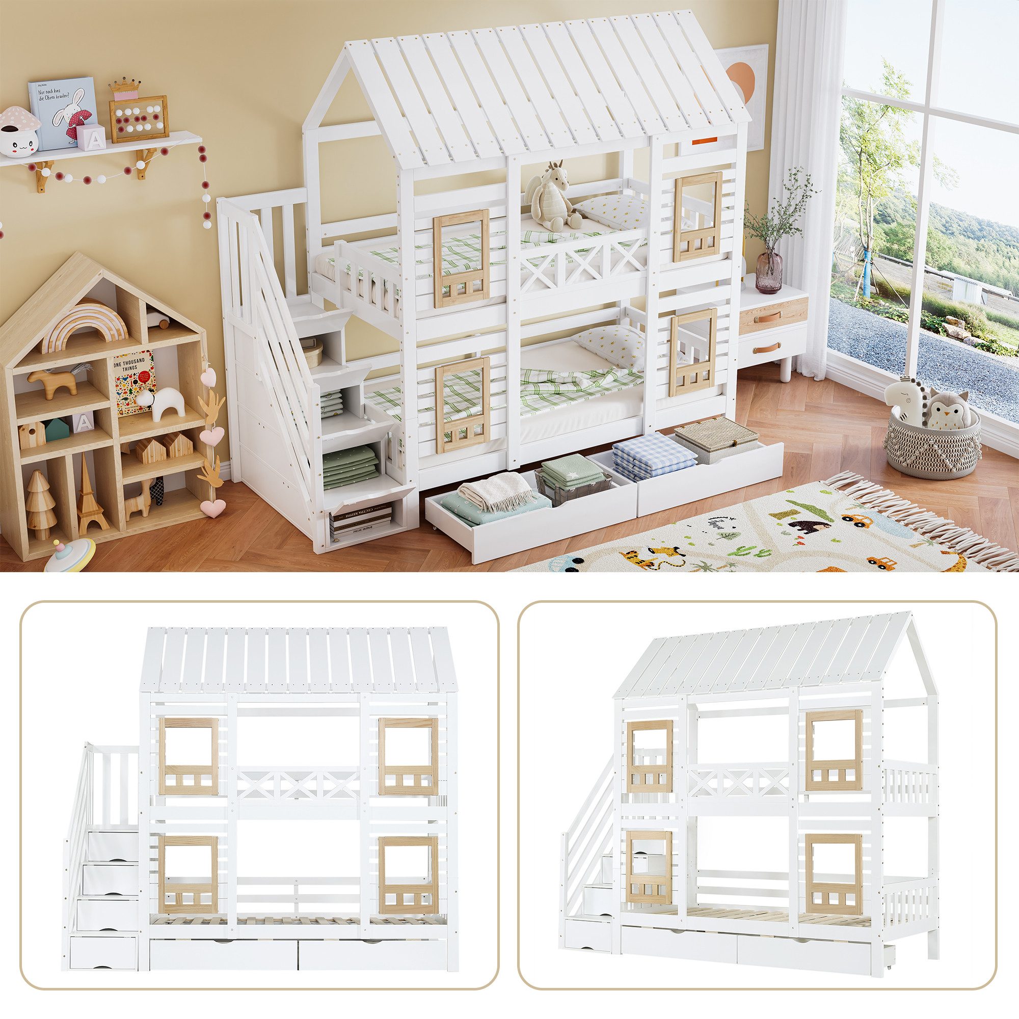 Merax Etagenbett mit Haus-Design und Fallschutz (Stockbett Jugendbett Hausbett, 1-St), Kiefer Kinderbett 90x200cm mit Stauraumtreppe, 2 Schubladen & Fenster – Bild 4 von 5