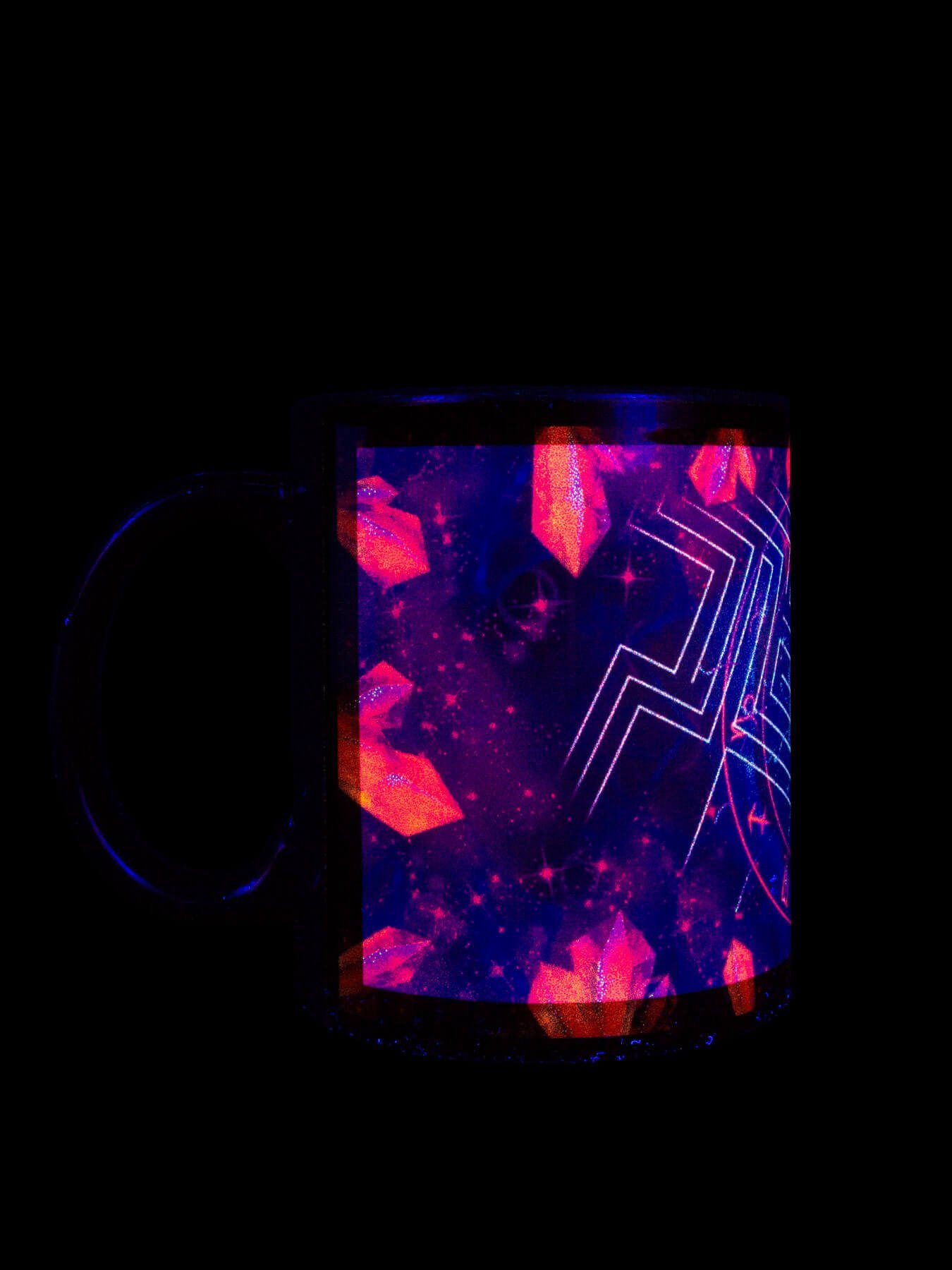 PSYWORK Tasse Fluo Cup Neon "Zodiac Schwarzlicht leuchtet Lines", Tasse Motiv Signs UV-aktiv, unter Keramik