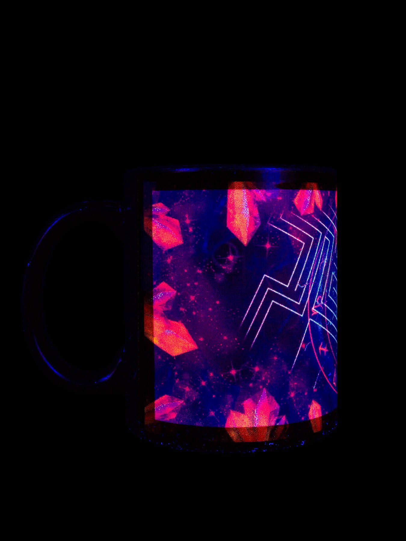 Motiv PSYWORK Schwarzlicht UV-aktiv, Keramik, "Zodiac Neon Cup leuchtet Lines", Fluo Signs Tasse unter Tasse