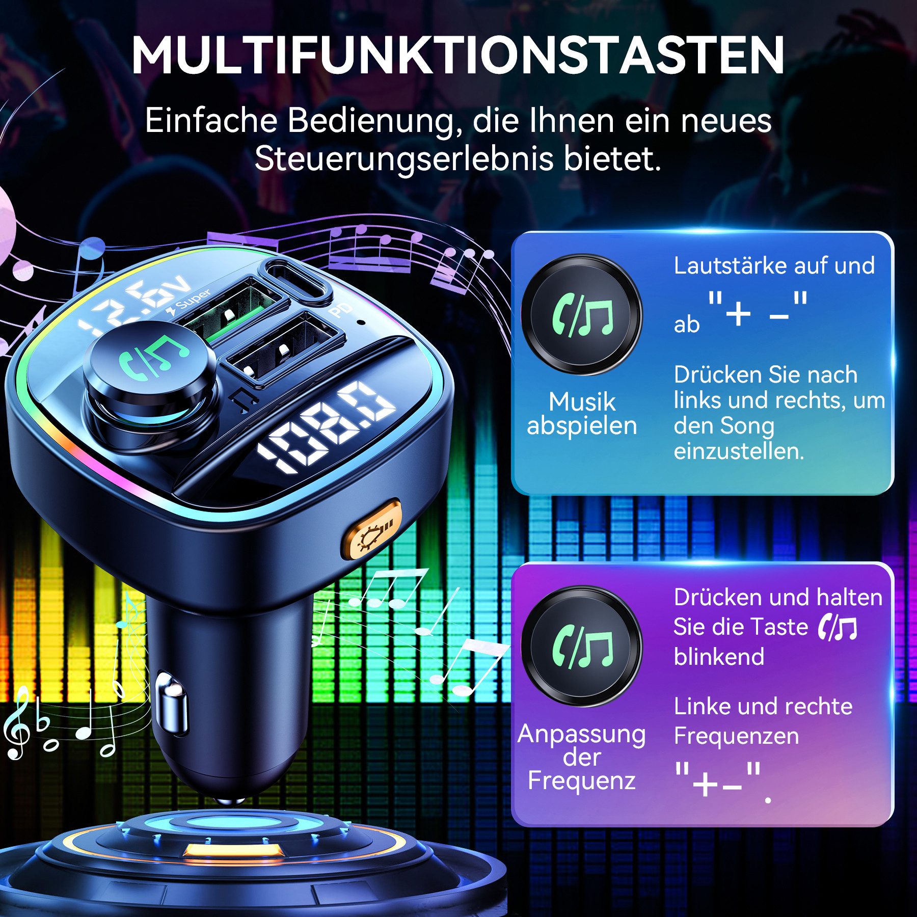 Senmudi Zigarettenanzünder-Verteiler Bluetooth 5.0 FM Transmitter für Auto Ladegerät USB KFZ-Transmitter (Leistungsstarke Doppel-Mikrofone mit Rauschunterdrückung & Bass-Boost, Musik-Player, USB-Stick, Einhandbedienung,auto-bluetooth), Kompatibel mit iPad/iPhone/MP3/4/PSP/Camera, aufladbar