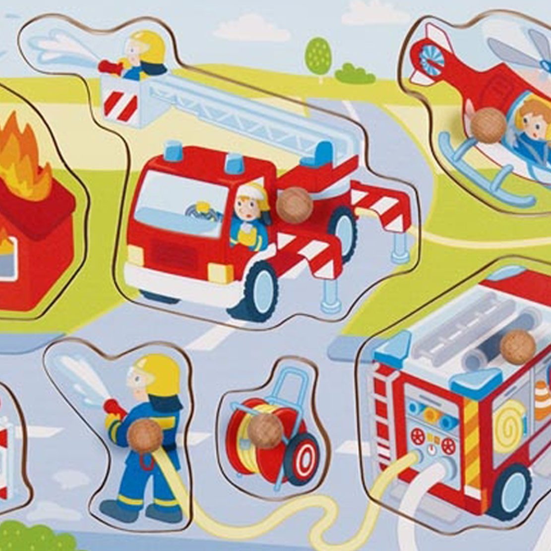 goki Steckpuzzle Steckpuzzle Feuerwehreinsatz, 7 Puzzleteile, dank großer Holzgriffe gut zu Greifen