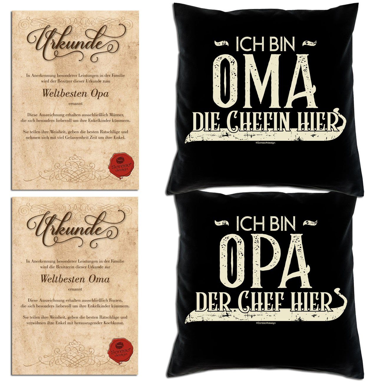 bin Oma die der Chef hier Kissen-Set Soreso® Oma mit hier Geschenk Ich Urkunden, Mitbringsel schwarz & Geschenke Ich Opa Opa Dekokissen Chefin bin