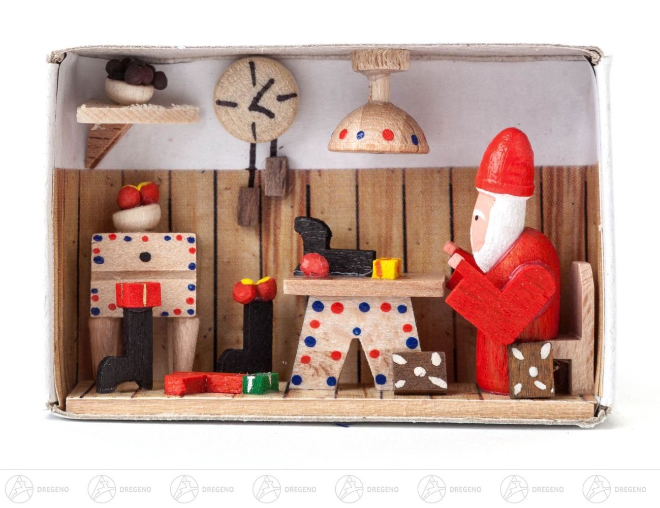 Dregeno Erzgebirge Weihnachtsfigur Miniatur Zündholzschachtel Nikolaus Breite x Höhe ca 5,5 cmx4 cm NE, für Setzkasten | Dekofiguren