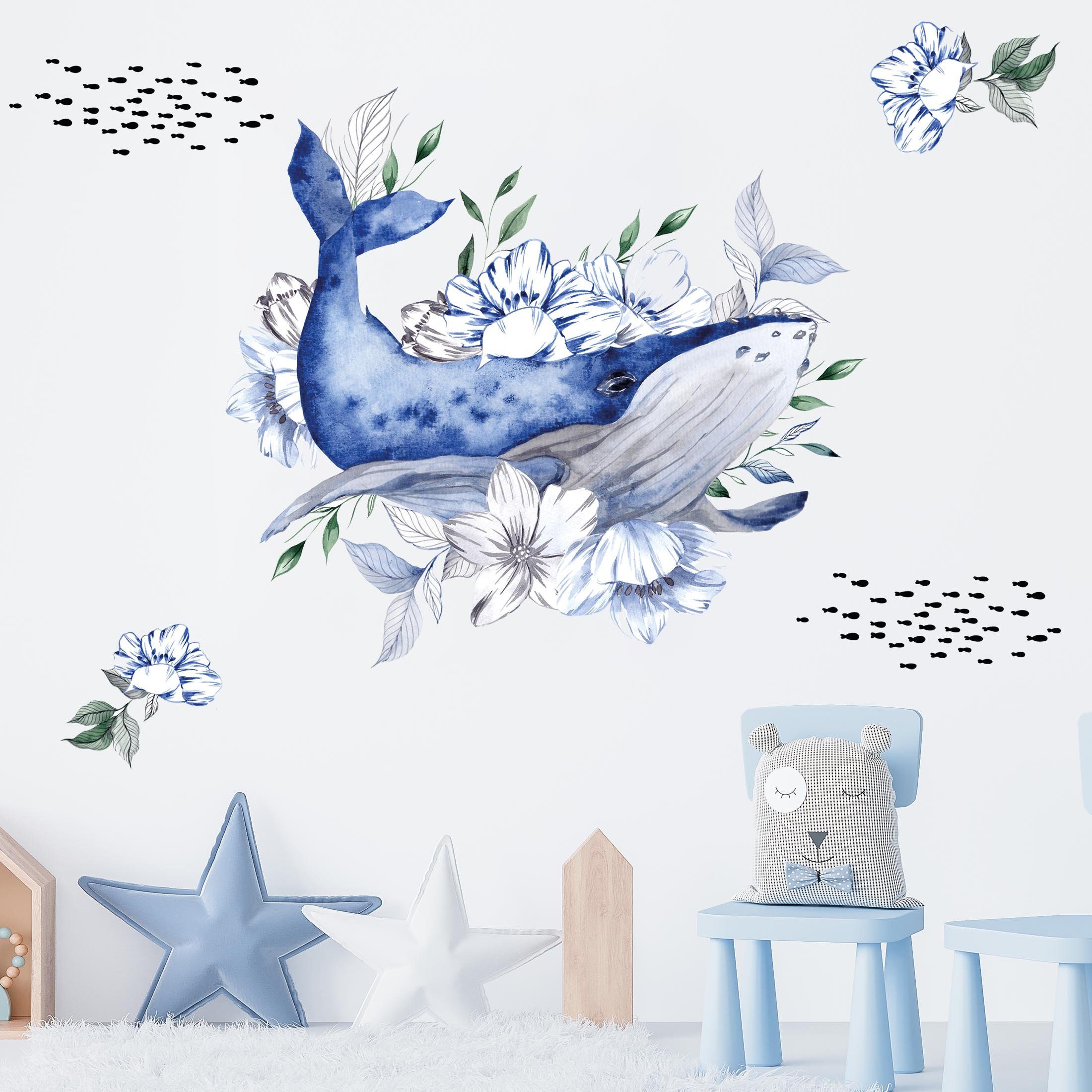 WANDKIND Wandtattoo Magischer Wal mit Pflanzen V306, Rückstandsfrei Ablösbar