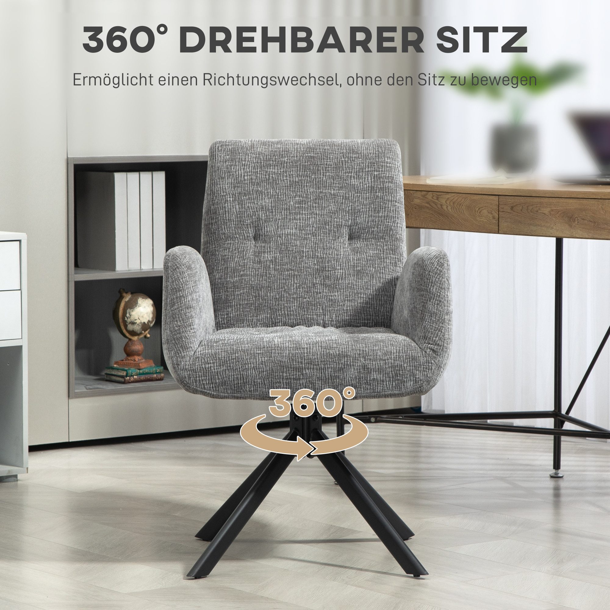 HOMCOM Relaxsessel Sessel Drehbar mit Armlehne, Wolle-Leinenoptik (Polsterstuhl, 1-St., Loungesessel), für Wohnzimmer, Schlafzimmer, Dunkelgrau – Bild 5 von 5
