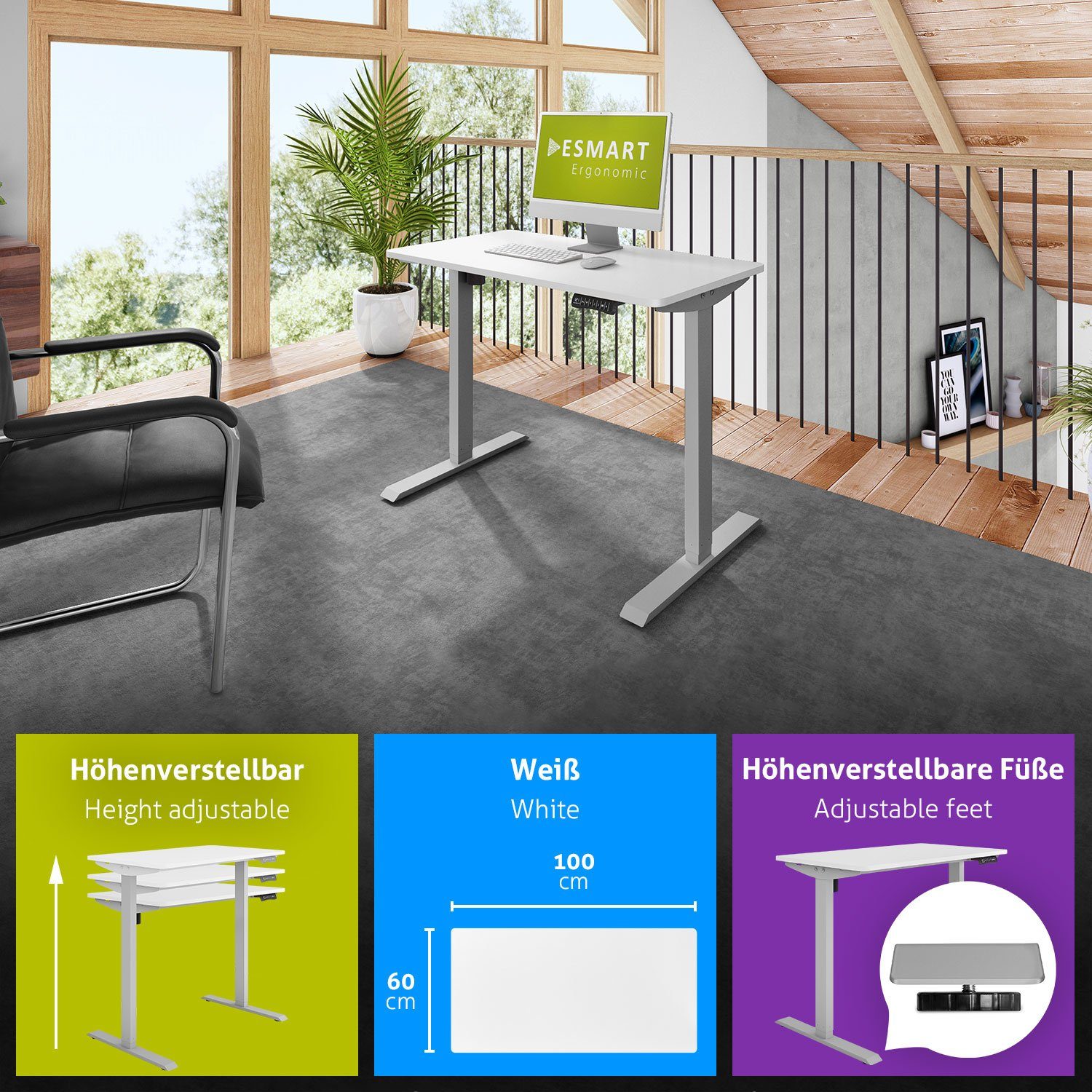 Tischplatte: / 60 Schreibtisch Schreibtisch Germany, Grau Elektrisch ETX-121 Rahmen: cm x ESMART ESMART höhenverstellbarer Weiß 100