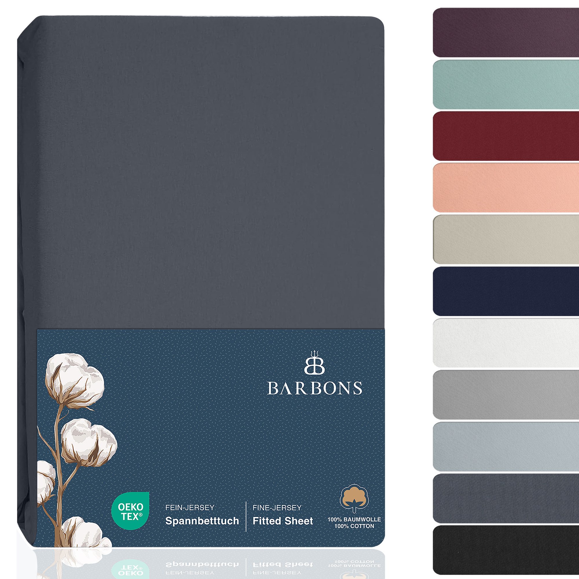 BARBONS Spannbettlaken Jersey Bettlaken, 145 g/m² Spannbetttuch, bis zu 25cm Höhe, Topper, 100% Baumwolle, Gummizug: rundum, (1 Stück), Rundumgummi, Atmungsaktiv