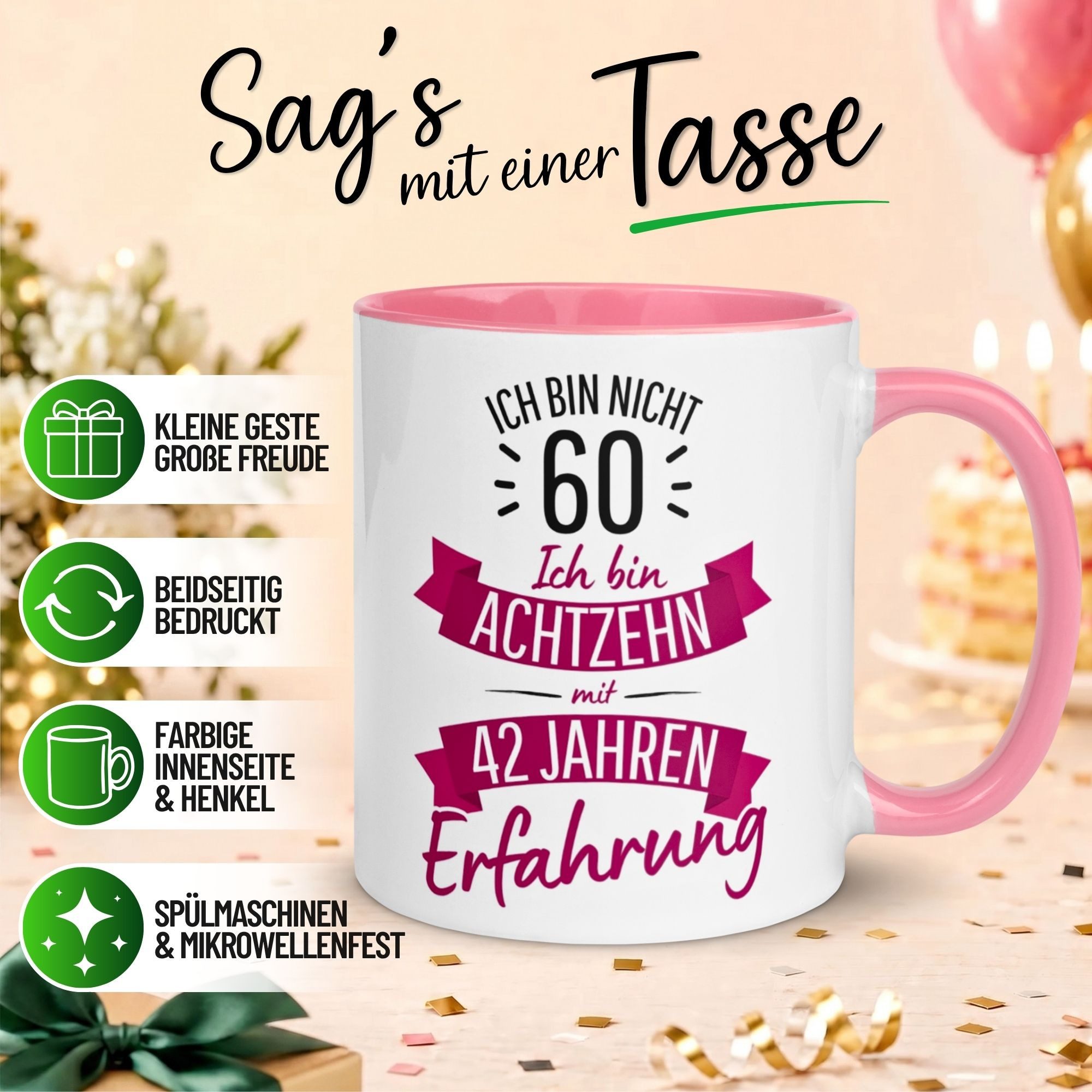 Momentals Tasse 60 Geburtstag Frau – „Nicht 60 – Ich hab Erfahrung“ – Geschenk Frauen, Gratis Versand · Links-&Rechtshänder · Spülmaschinenfest