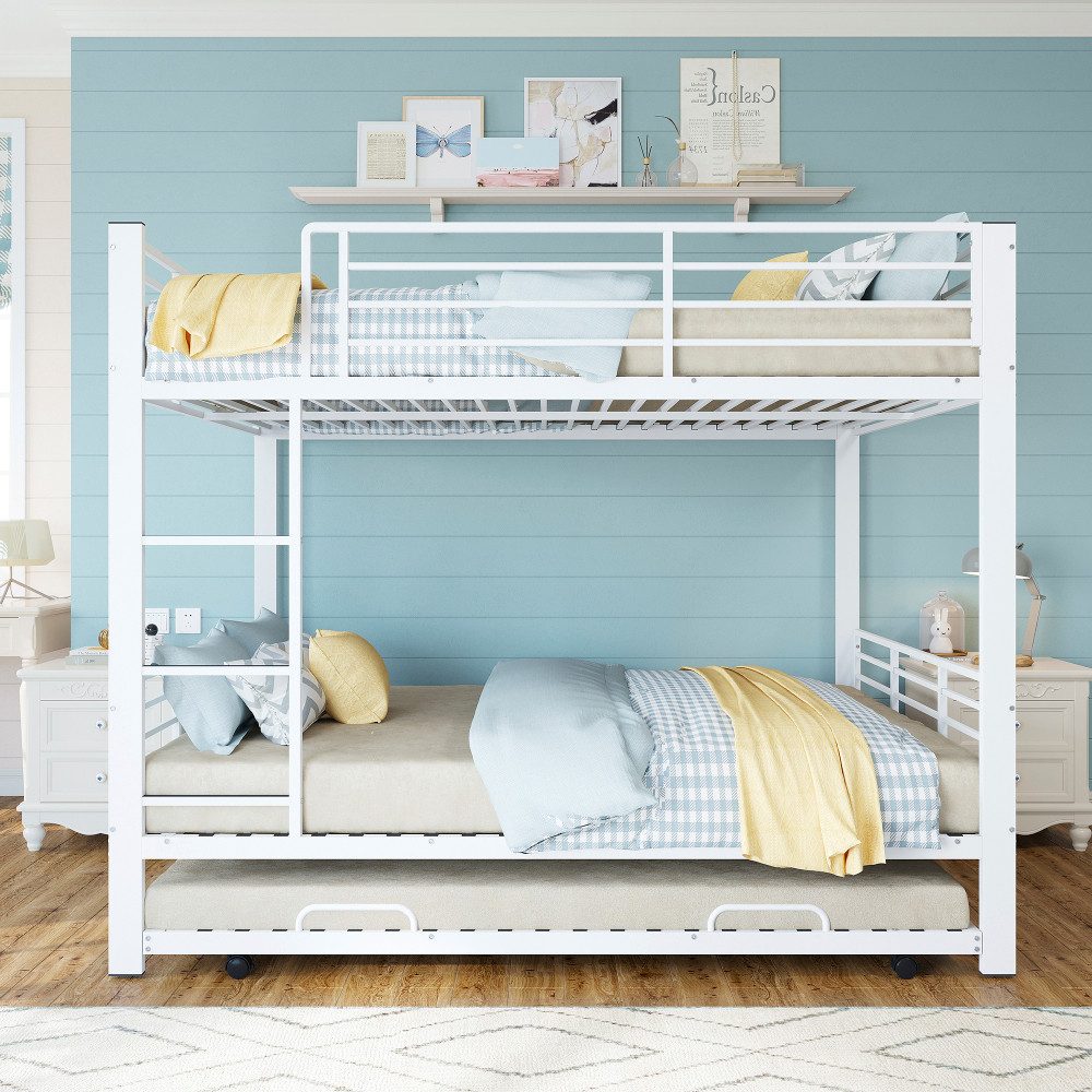 BBWL Etagenbett mit Ausziehbett, Stockbett für 3 Personen, Rausfallschutz, Leiter, Etagenbett 140x200 Metall