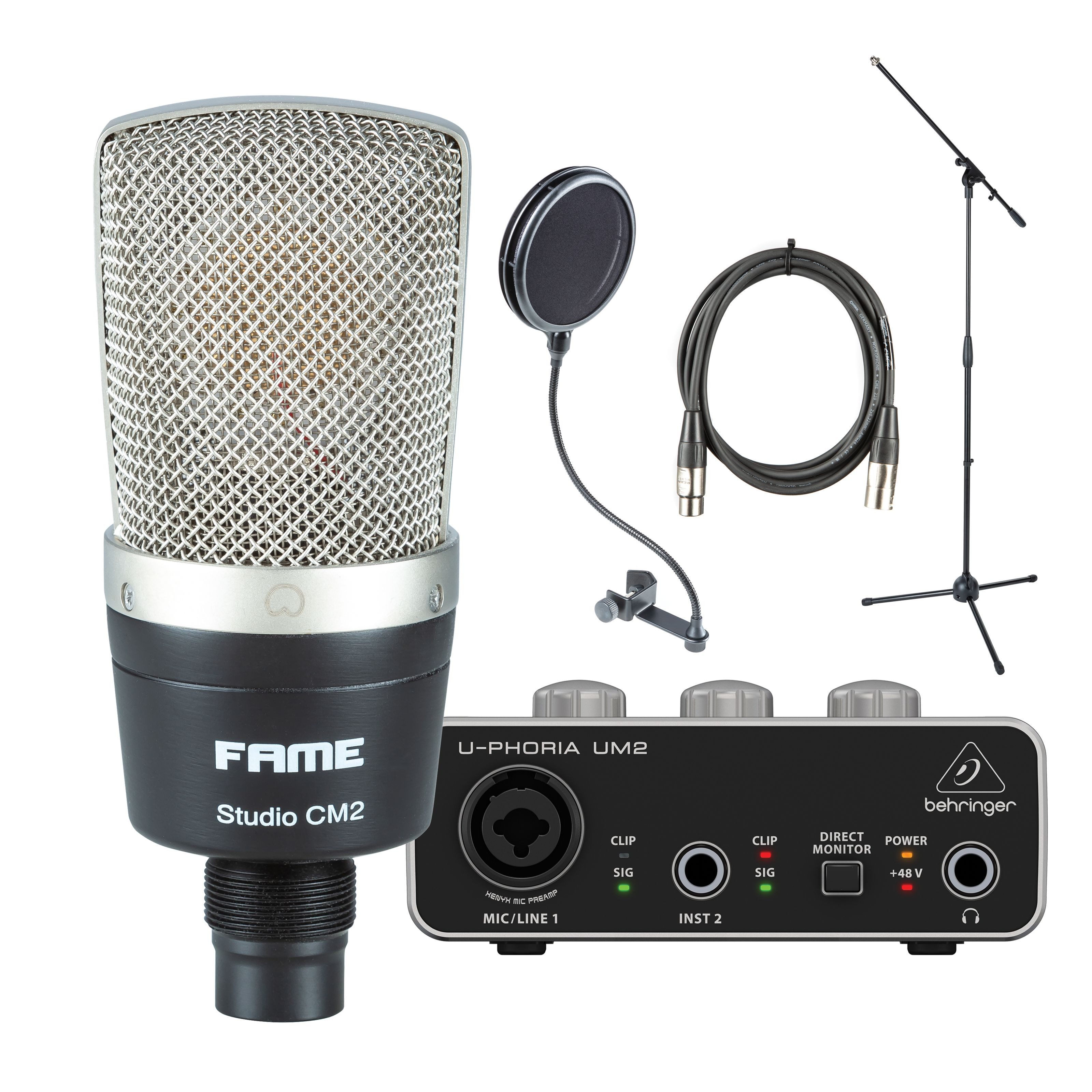 FAME Mikrofon (Audio CM2 Großmembran Kondensatormikrofon Set Schwarz Echtkondensator Niere 20-20.00Hz 125dB SPL 7mV/Pa XLR 3 Pol 48V Ideal für Stimme und Instrumente), Großmembran Kondensatormikrofon, Echtkondensator, Niere