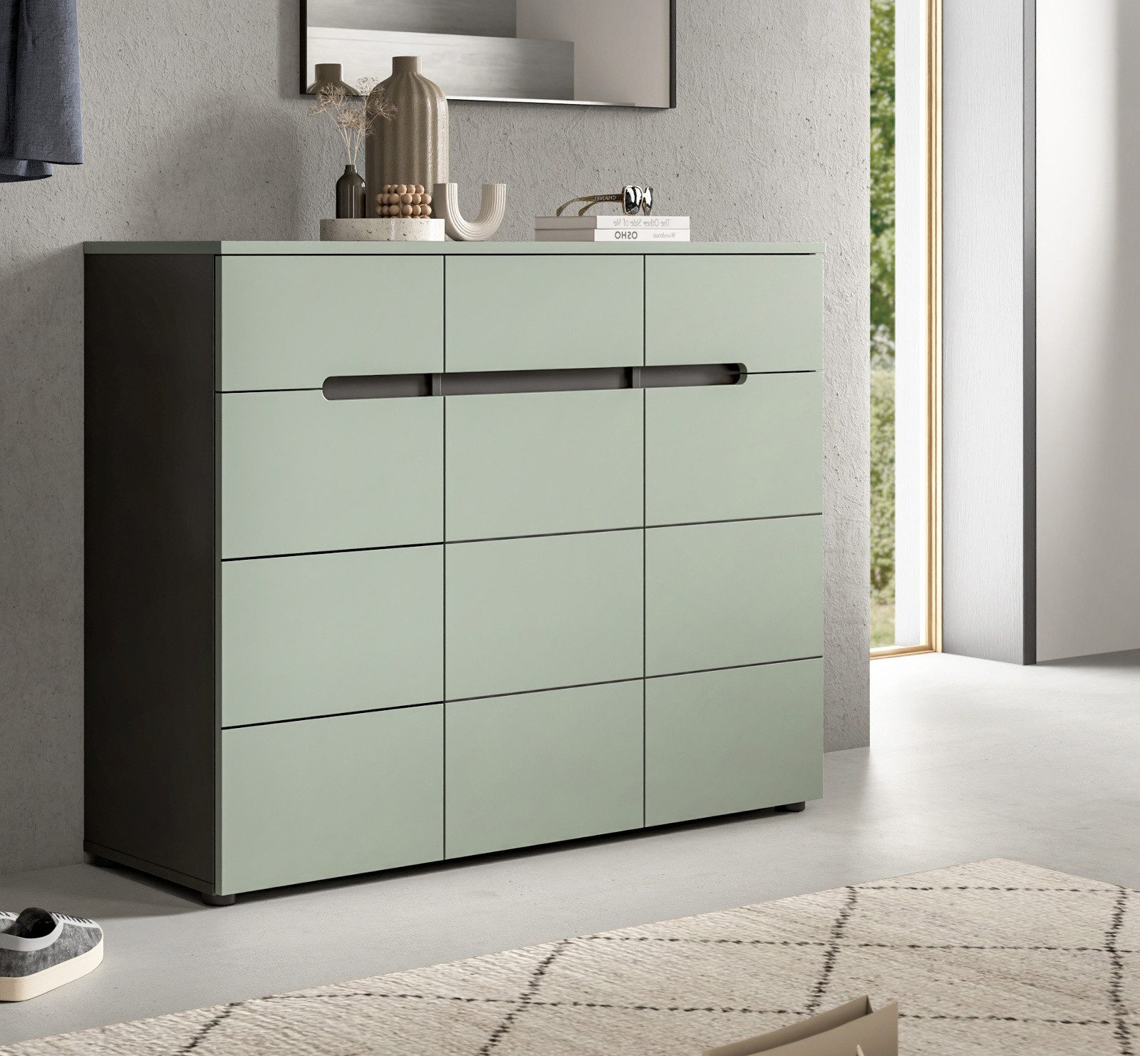 Inn.Furn Schuhkommode Cooper (Flur Kommode in Salbei Grün mit Grau, 120 x 94 cm), 3 Schubladen, 12 Fächer, Soft-Close-Funktion