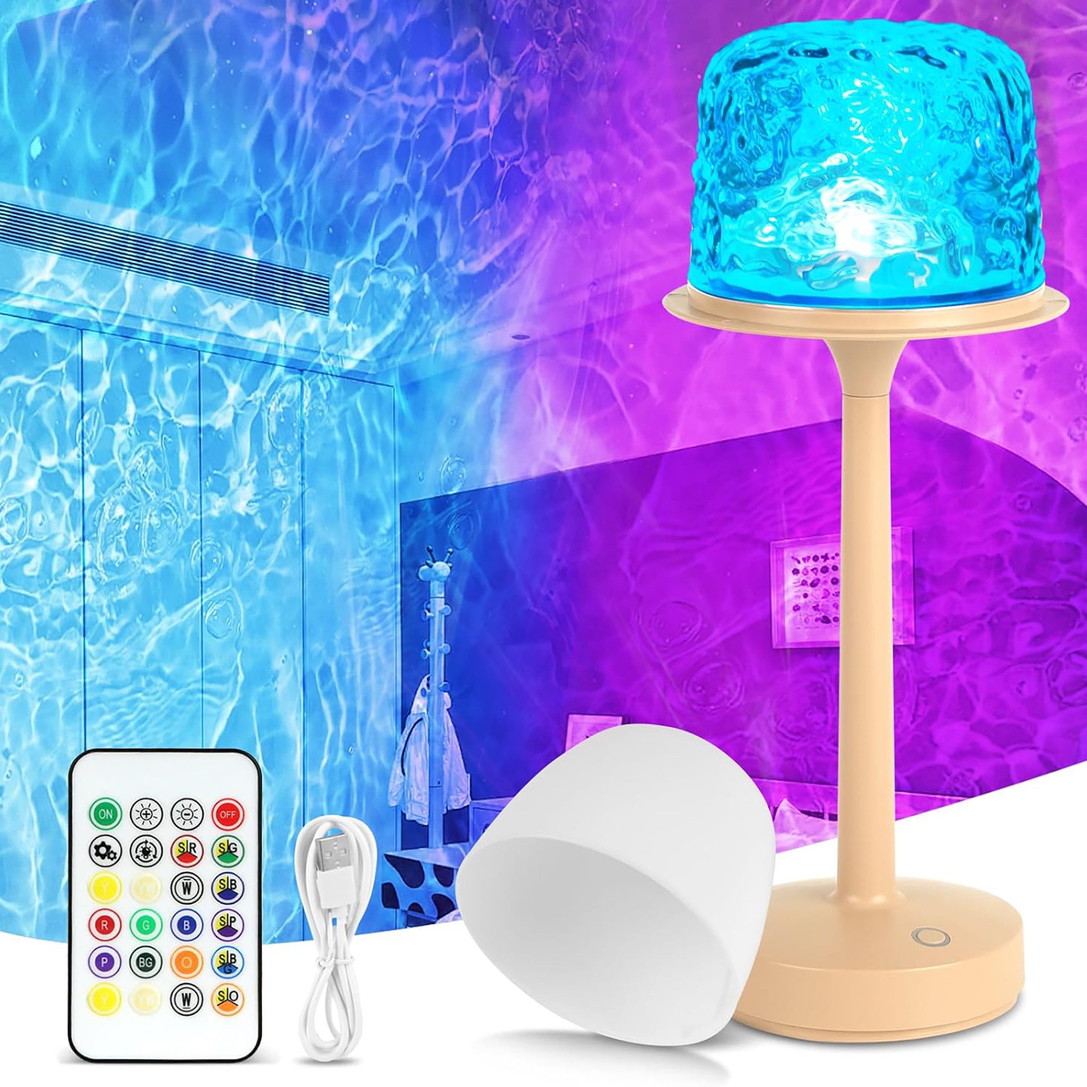 ibettertec LED Nachtlicht Akku Ocean Lamp Wasserwellenlampe, Schirm abnehmbar, 16 Farben Drehbare Nachttischlampe, Stufenlos dimmbar, Fernbedienung, Touch-Control, Dimmbar Sternenhimmel Projektor, Dekoleuchte, Tischlampe, für Schlafzimmer,Wohnzimmer