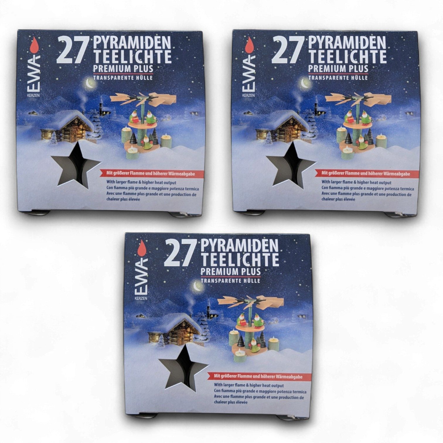 Ebersbacher Свечиfabrik Teelicht Pyramidenteelichter Kunststoffhülle Premium PLUS (27 Stück) (3-tlg)