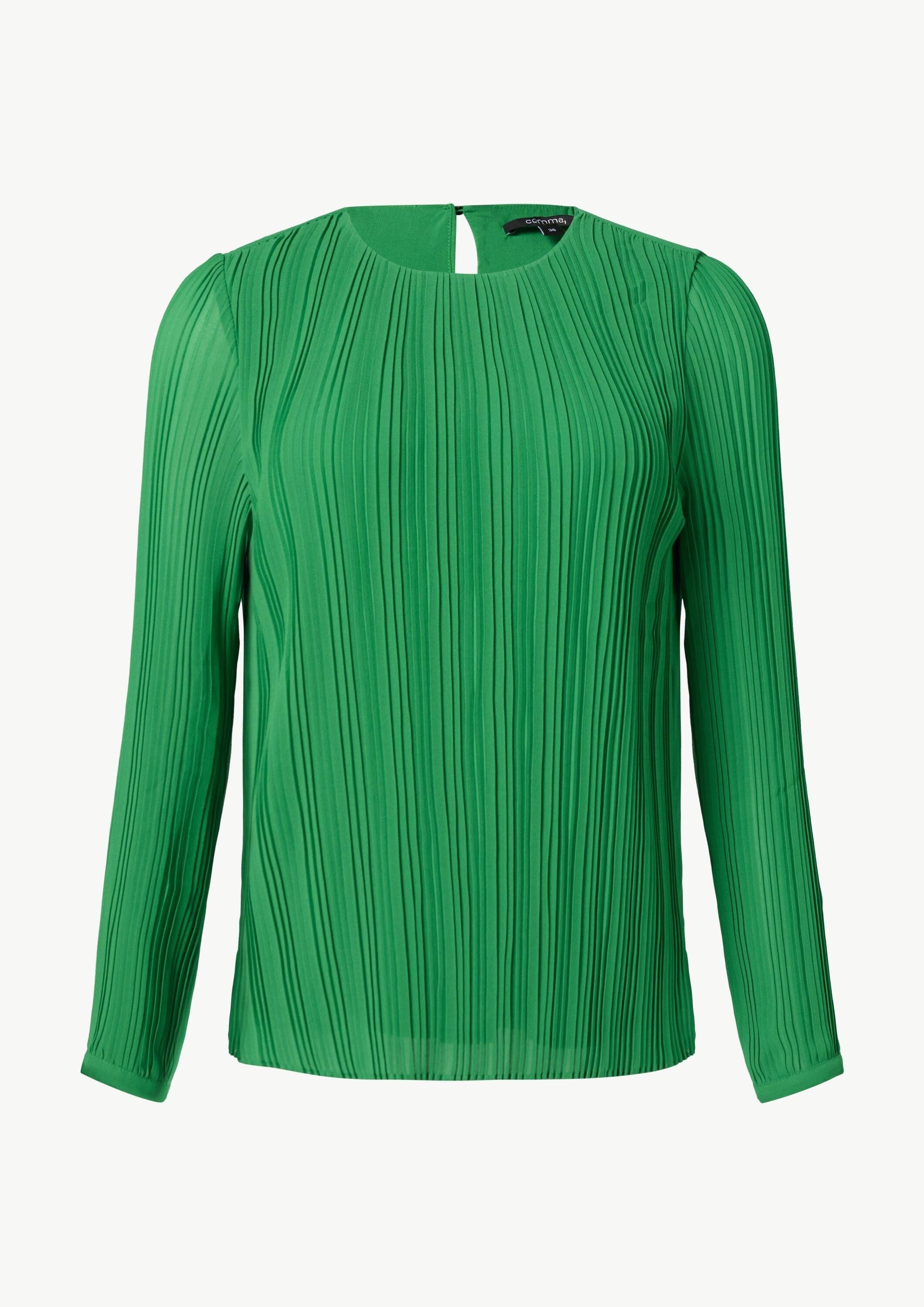 comma Langarmbluse Bluse Plissierte Chiffonbluse mit Rundhalsausschnitt