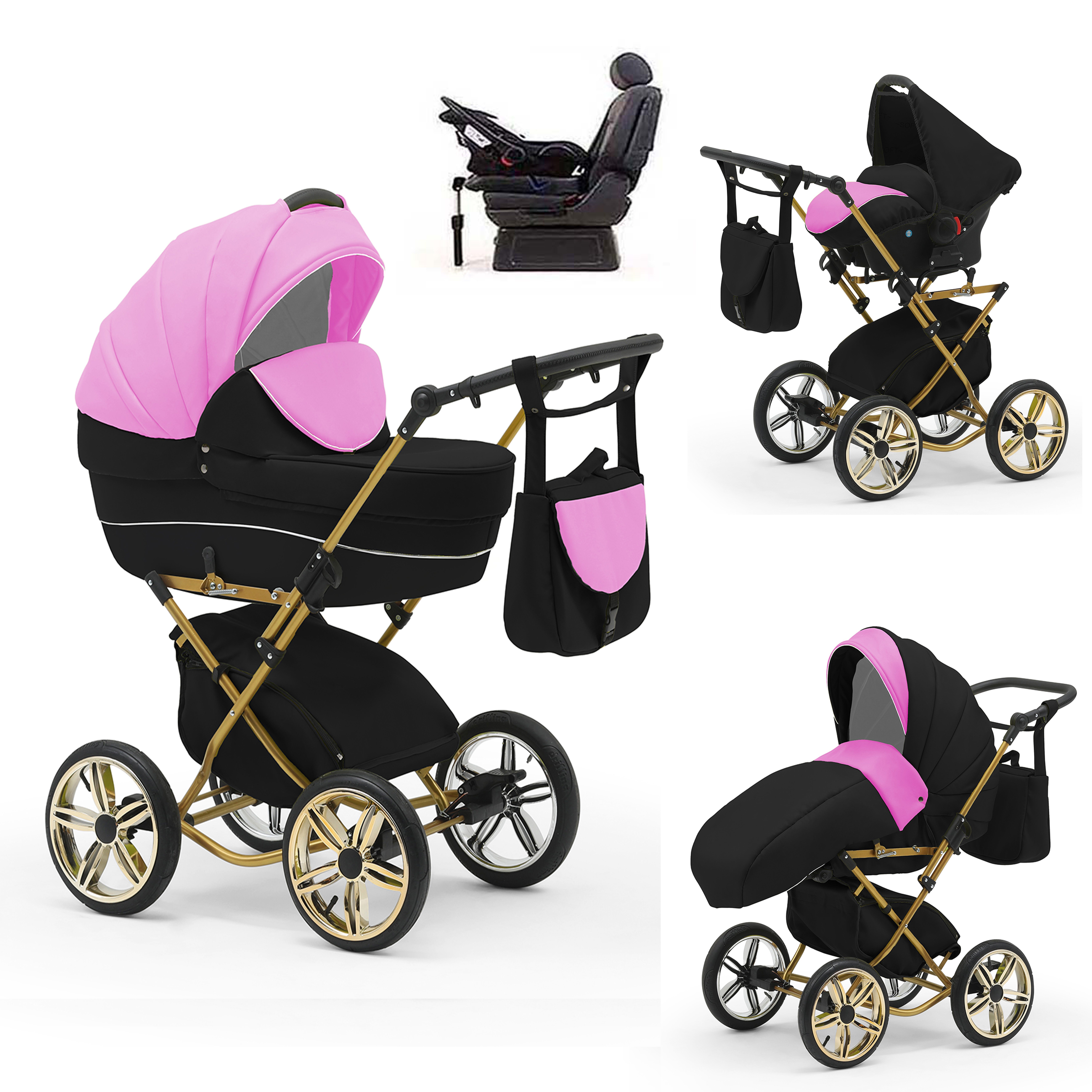 babies-on-wheels Kombi-Kinderwagen Sorento 4 in 1 inkl. Autositz und Iso Base - 14 Teile - in 10 Designs Pink-Schwarz