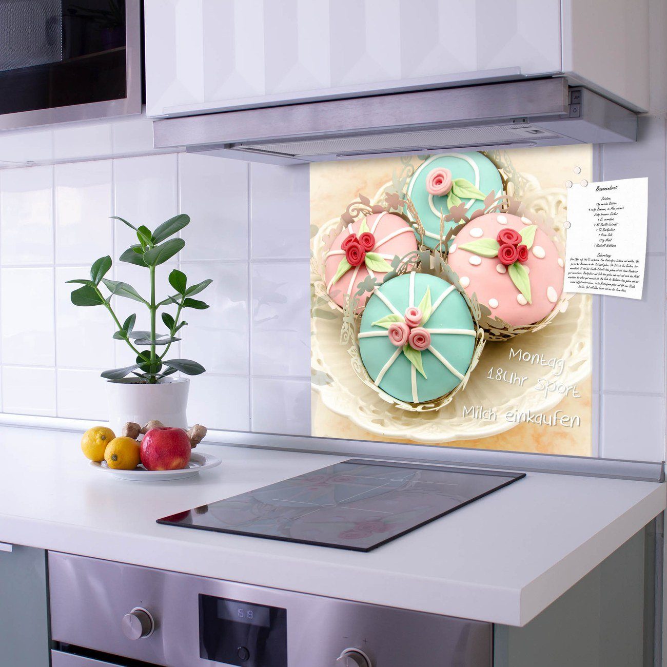 banjado Küchenrückwand Küchenrückwand Cupcakes, (gehärtetes Glas, inklusive 4 Magnete & 1 Kreidestift)