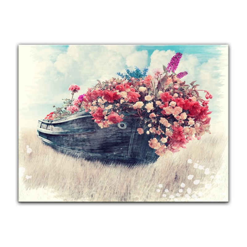 Bilderdepot24 Leinwandbild Aquarell - Altes Boot mit Blumen, Stillleben