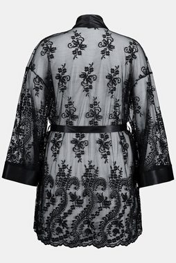 Ulla Popken Bademantel Kimono transparente Spitze Satinblende, lang, Materialmix