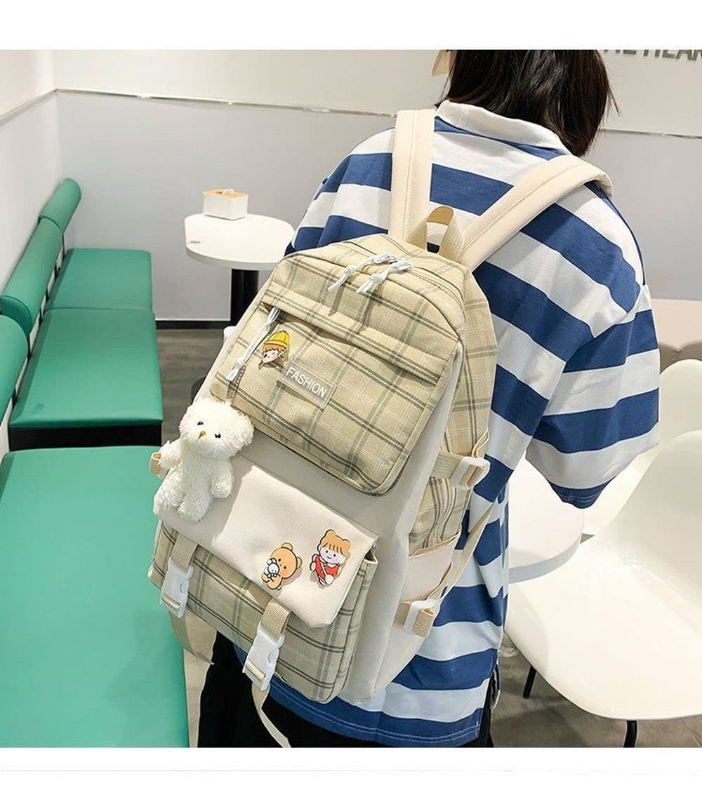 Coonoor Schulrucksack 5-teiliges Kawaii-Rucksack-Set mit Karomuster, Schulranzen, Umhängetasche, Federmäppchen, mit Kawaii-Bärenanhänger – Bild 5 von 5